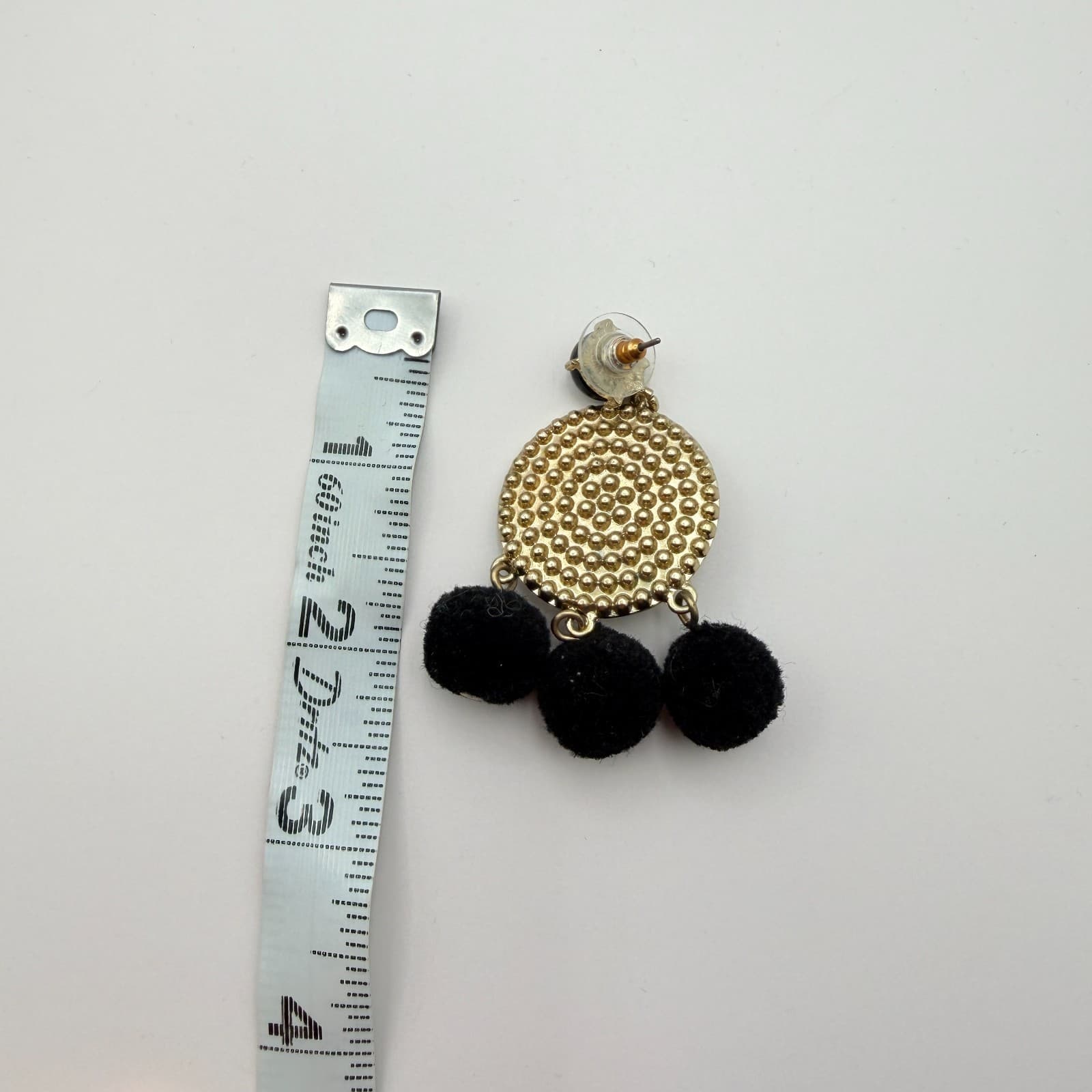 Vintage Y2K Gold Tone Black Pom Beaded Dangle Earrings Textured Disk Jewelry - Thumbnail 8