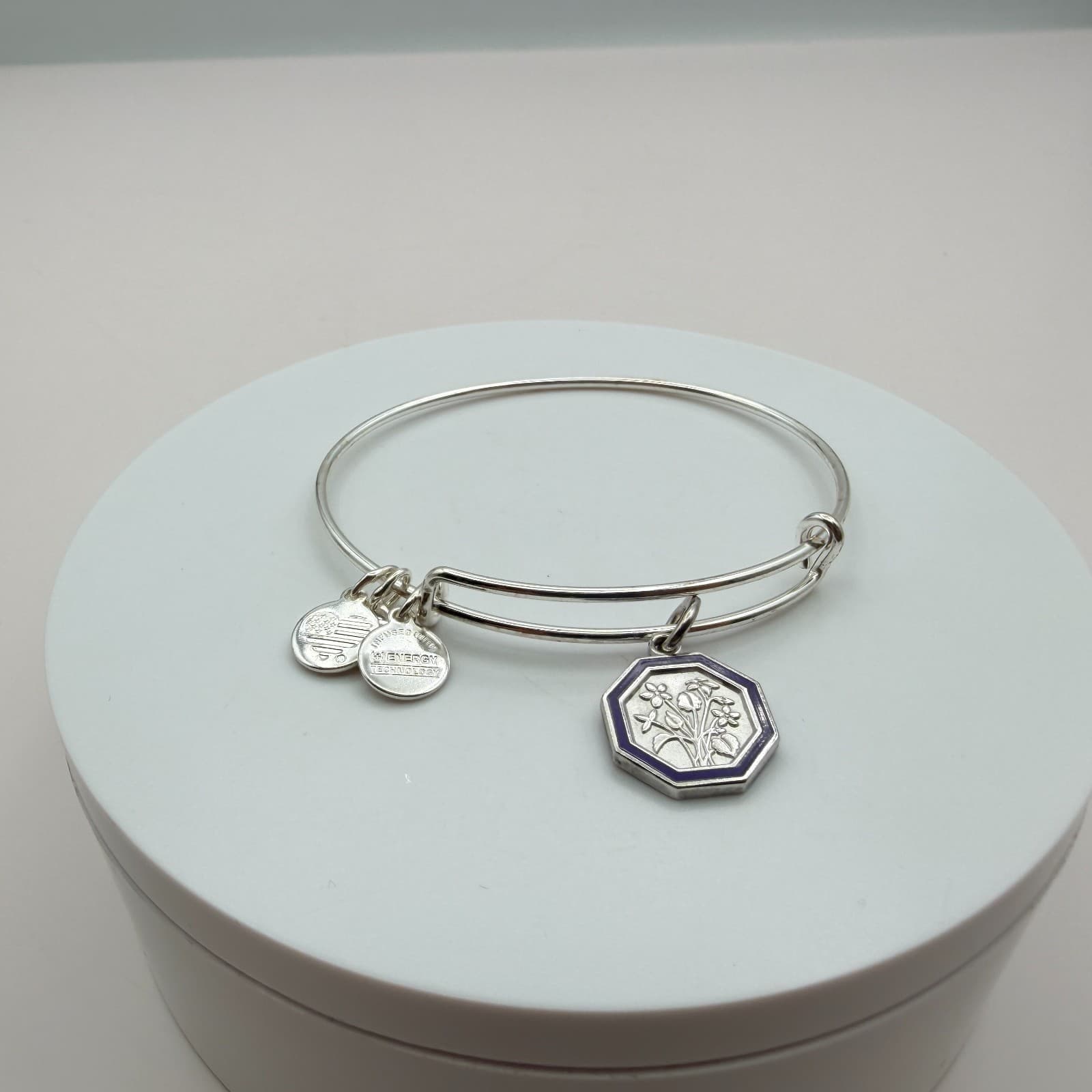 Vintage Y2K Alex Ani Silver Tone Expandable Bangle Floral Octagon Charm Jewelry - Thumbnail 3