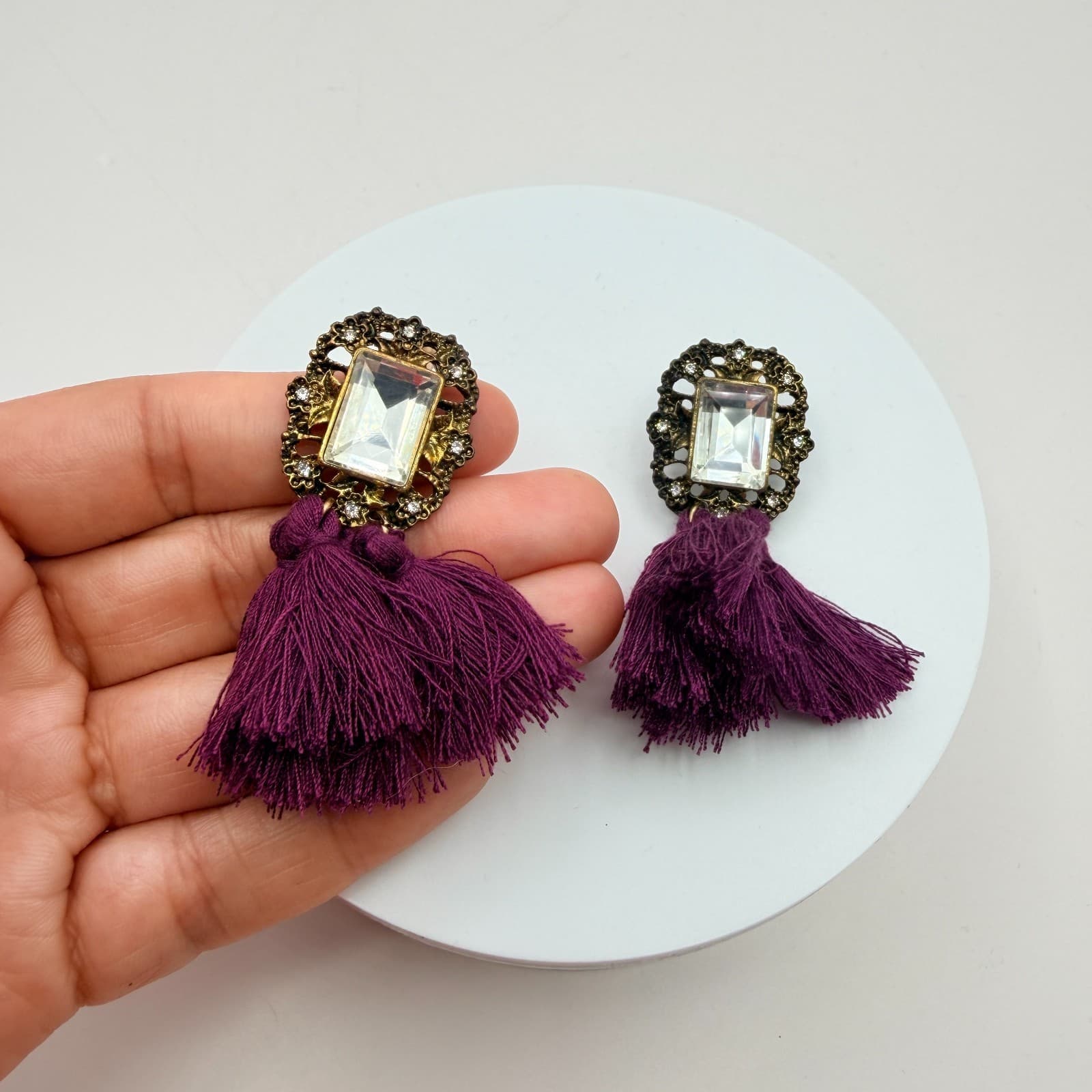 Vintage Y2K Gold Tone Purple Tassel Emerald Cut Earrings Women's Classic Jewelry - Thumbnail 7