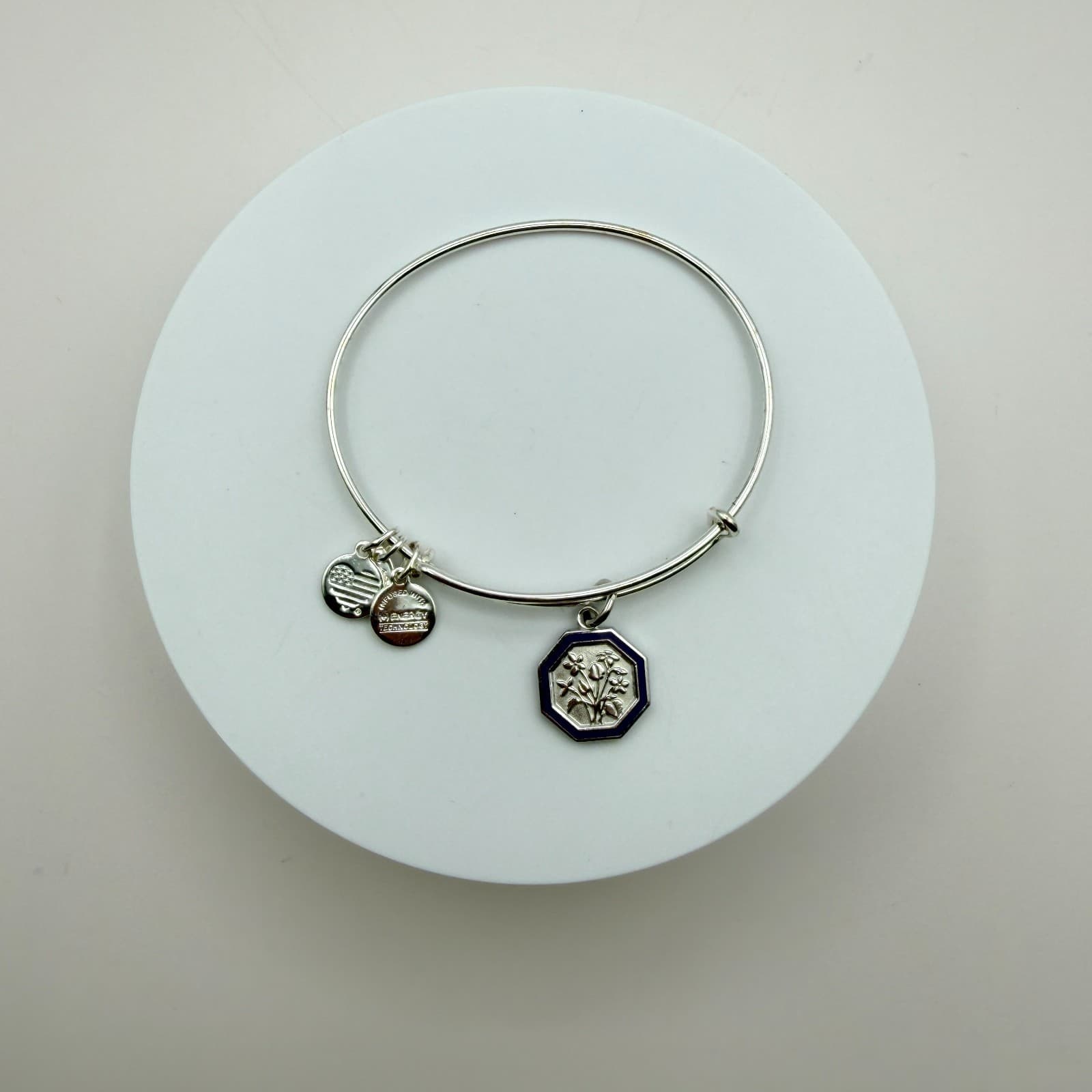 Vintage Y2K Alex Ani Silver Tone Expandable Bangle Floral Octagon Charm Jewelry - Thumbnail 8