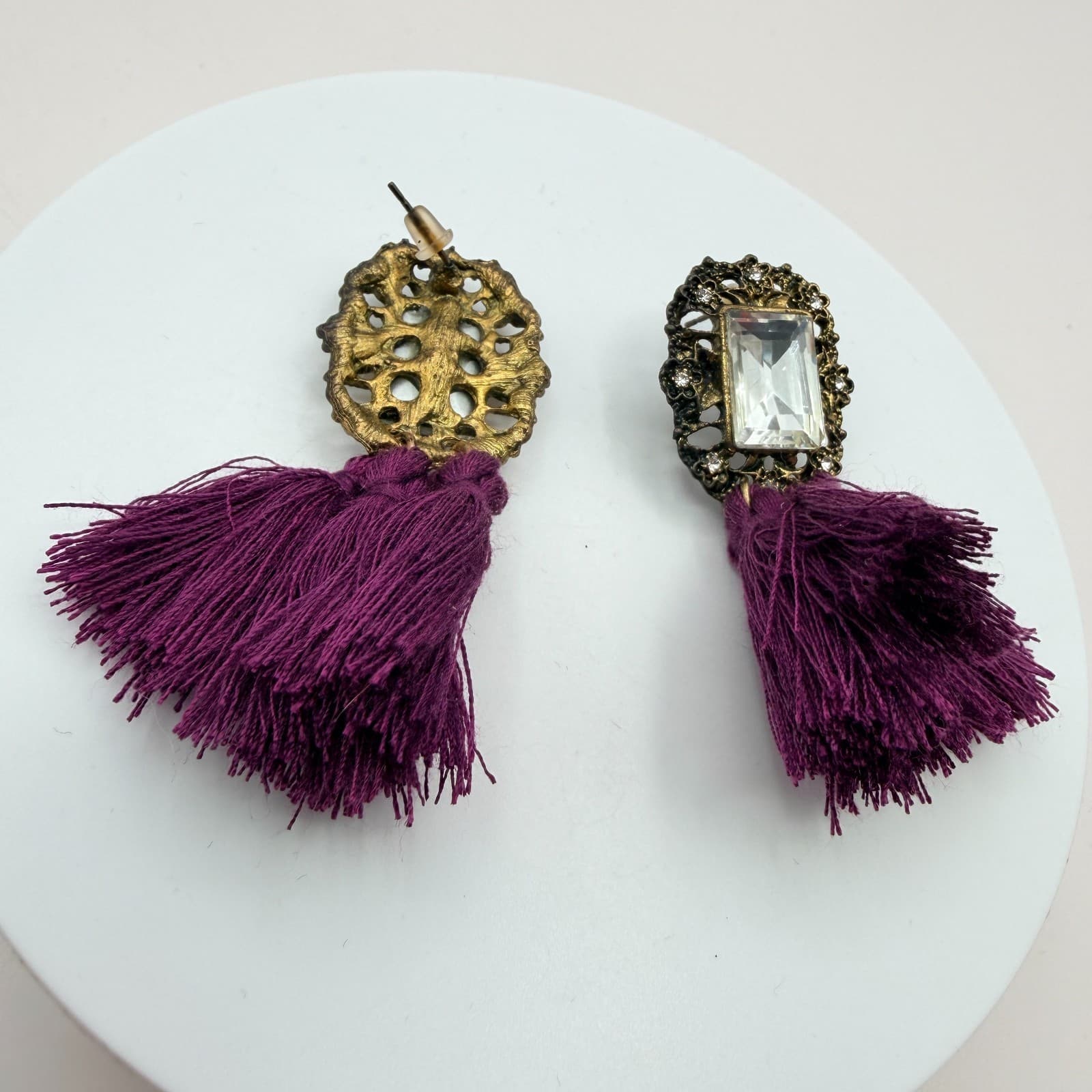 Vintage Y2K Gold Tone Purple Tassel Emerald Cut Earrings Women's Classic Jewelry - Thumbnail 4