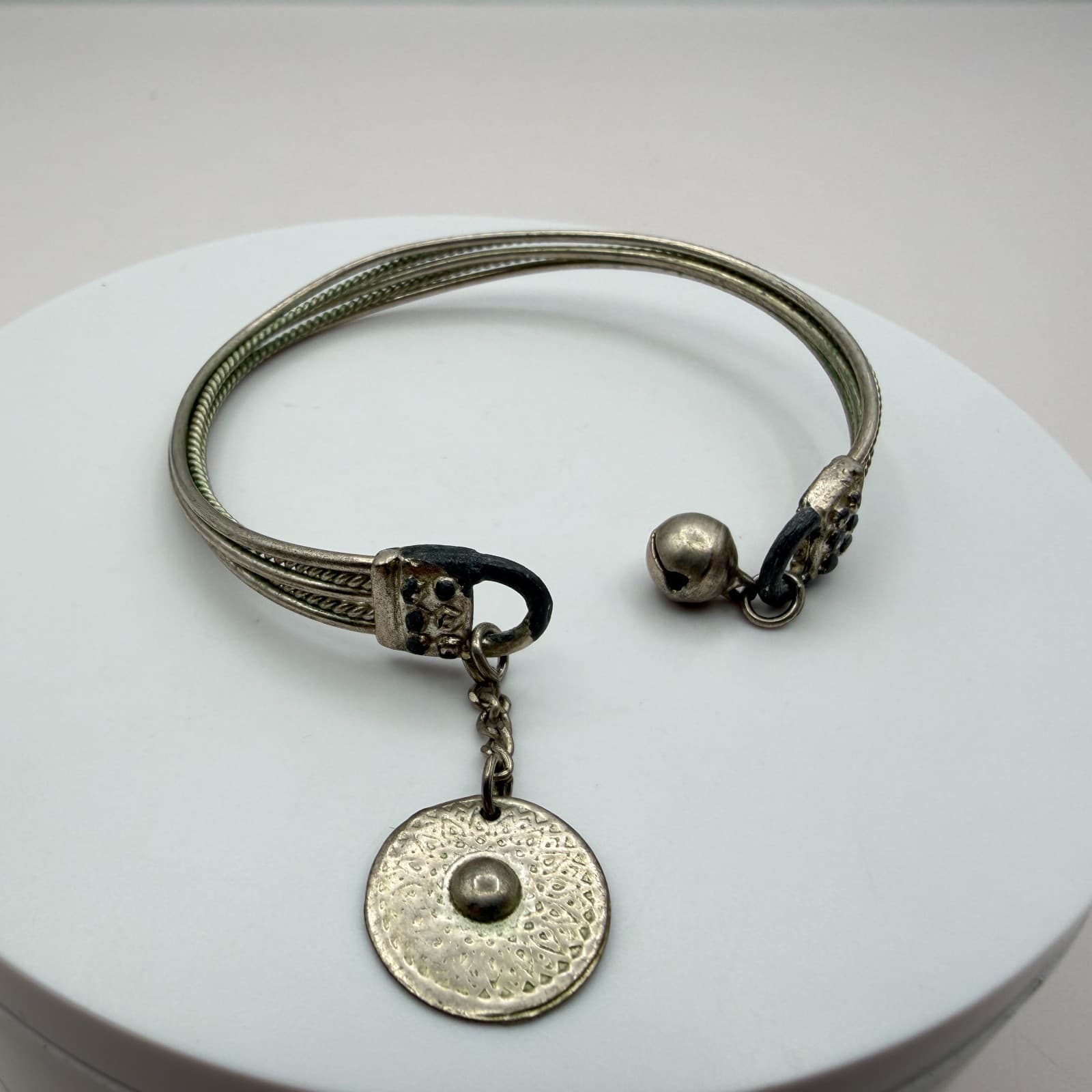Vintage Y2K Silver Tone Bell Coin Charm Cuff Bracelet Boho Women's Jewelry - Image 1
