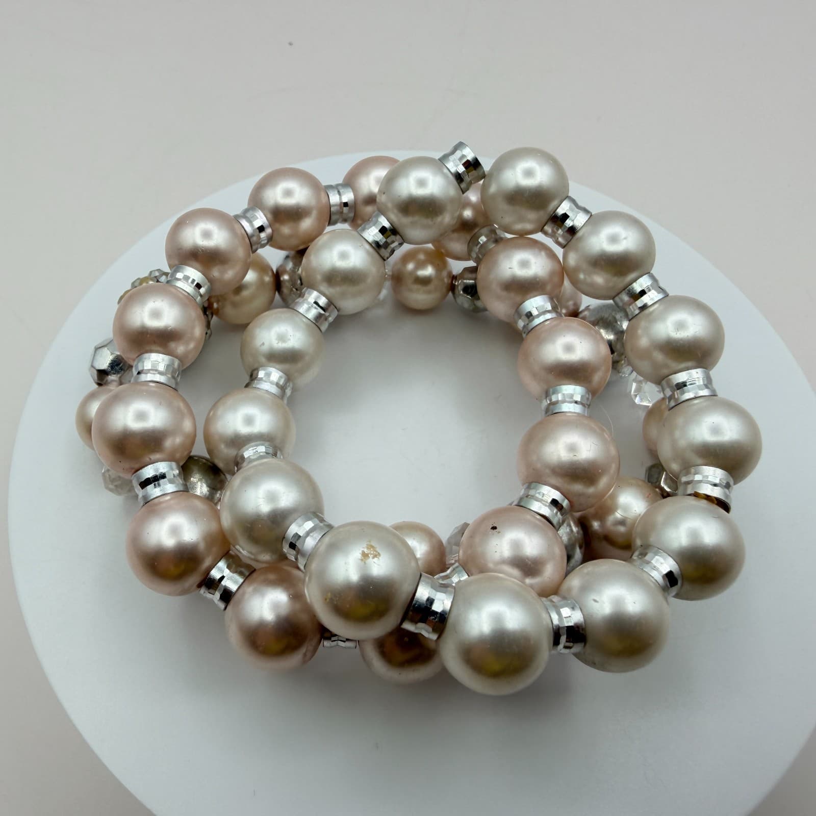 Vintage Y2K Silver Tone Faux Pearl Stretch Beaded Bracelet Women's Jewelry - Thumbnail 4