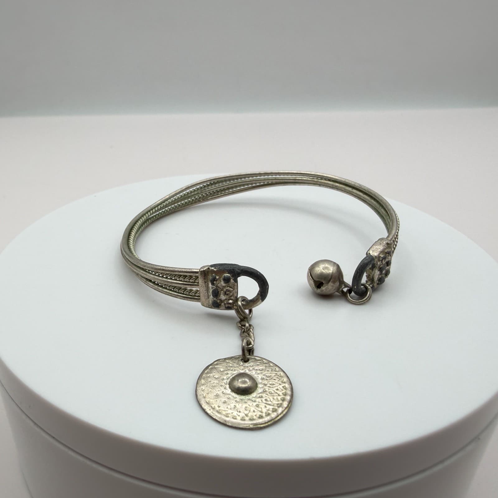Vintage Y2K Silver Tone Bell Coin Charm Cuff Bracelet Boho Women's Jewelry - Thumbnail 6
