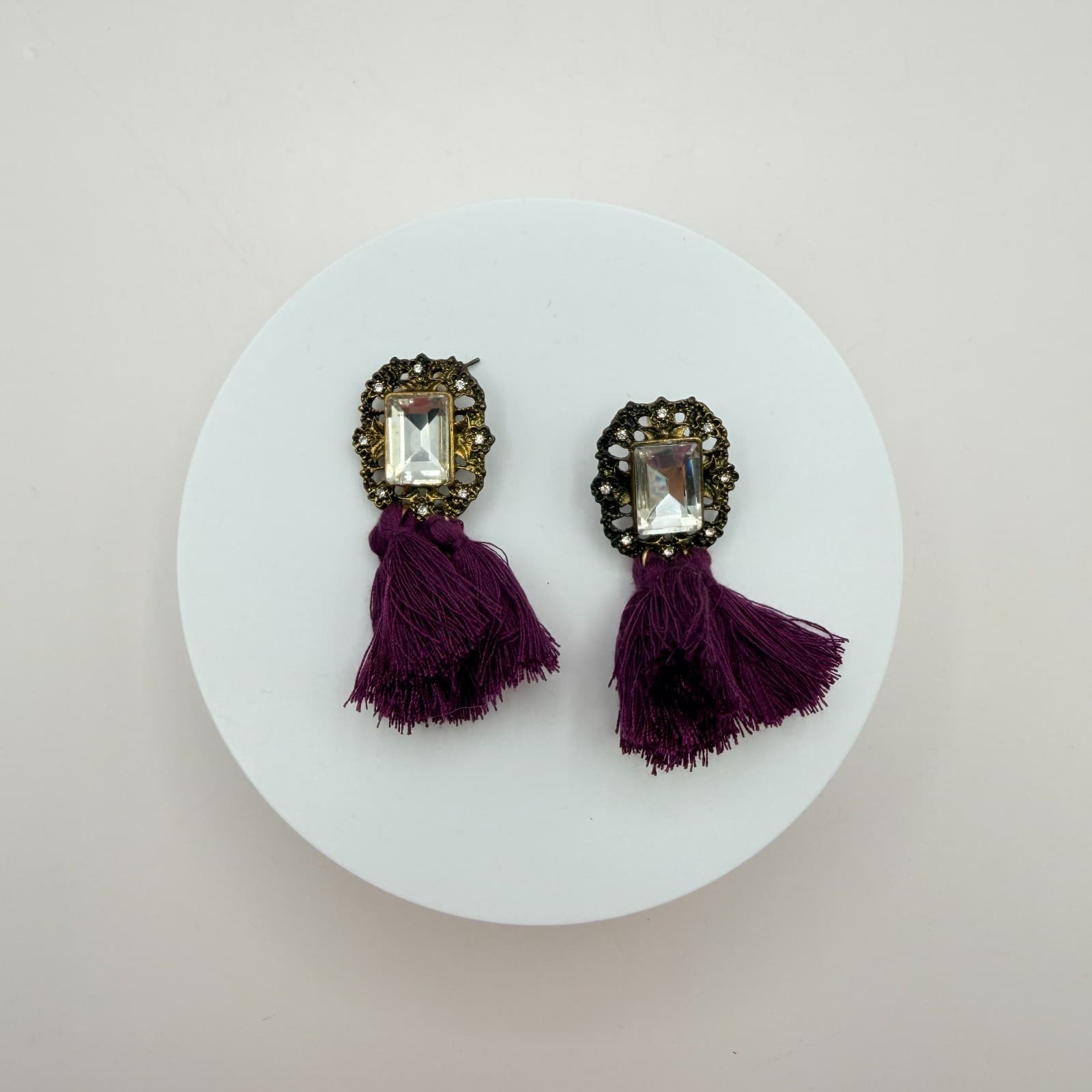 Vintage Y2K Gold Tone Purple Tassel Emerald Cut Earrings Women's Classic Jewelry - Thumbnail 2