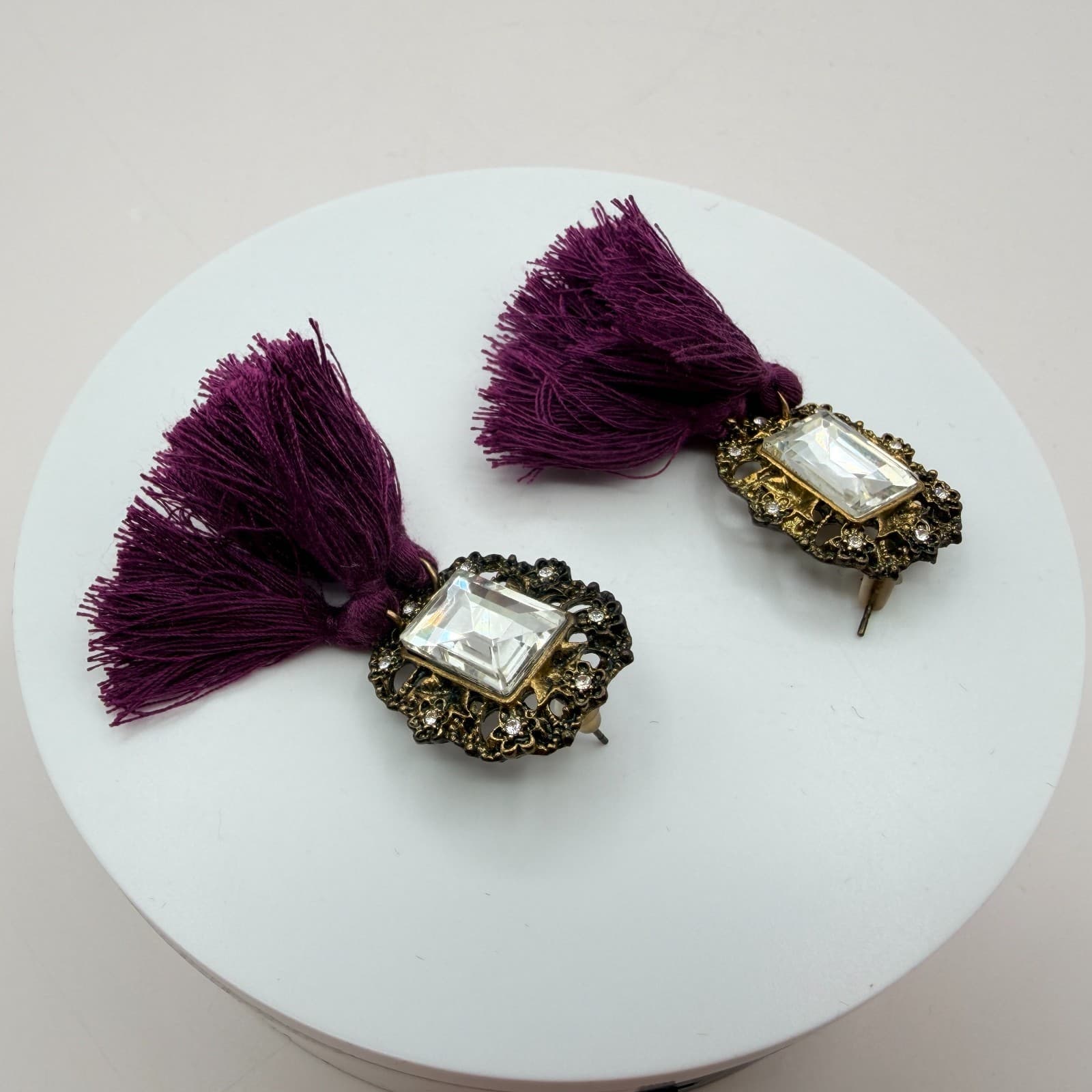 Vintage Y2K Gold Tone Purple Tassel Emerald Cut Earrings Women's Classic Jewelry - Thumbnail 6