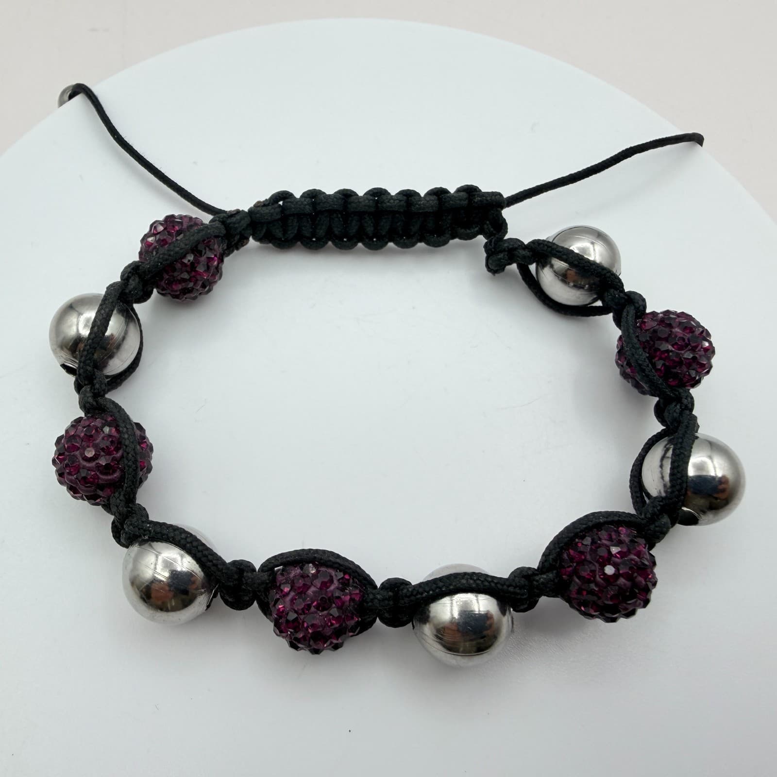 Vintage 90s Black Cord Purple Disco Ball Shamballa Bracelet Women's Jewelry - Thumbnail 6