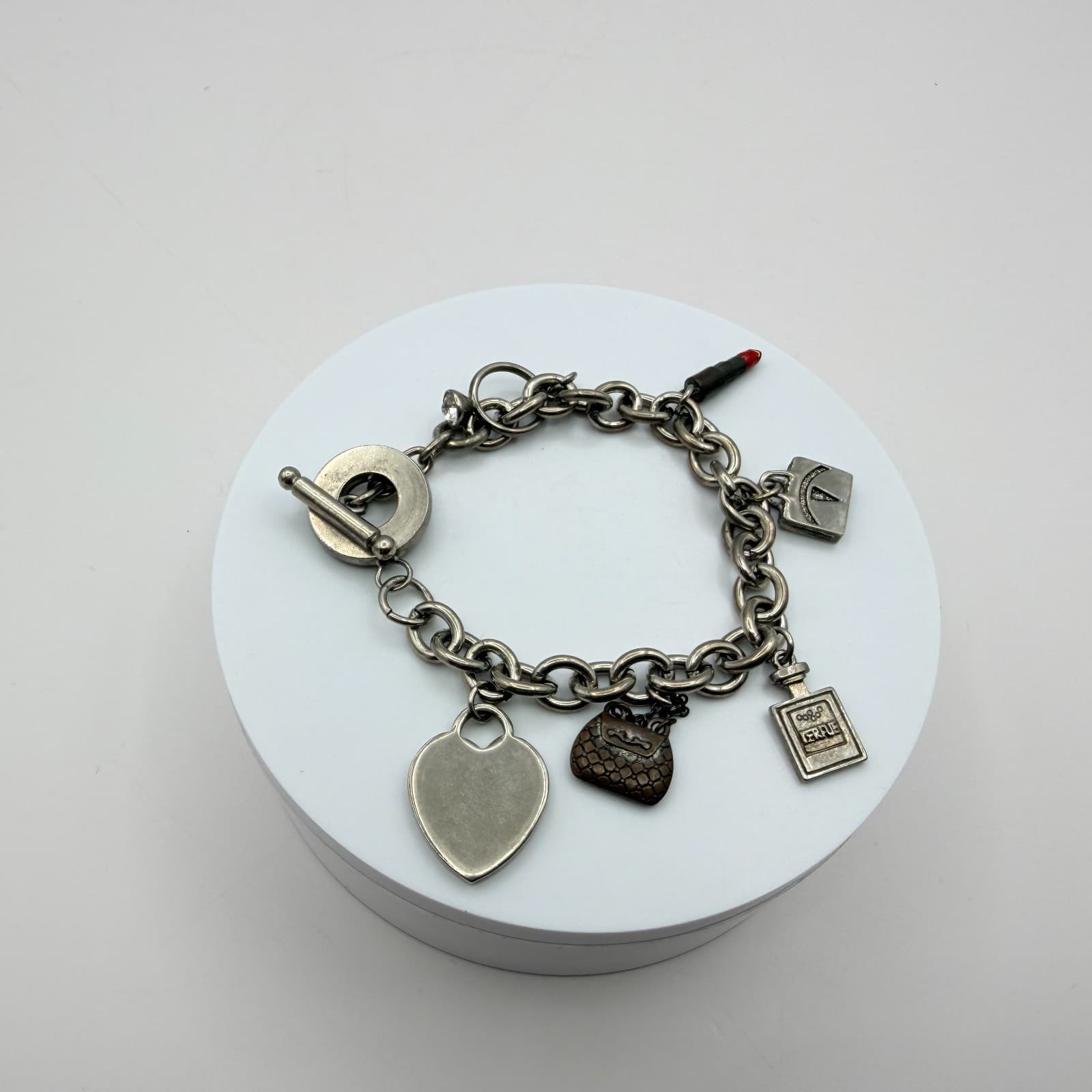 Vintage Y2K Silver Tone Heart Purse Perfume Lipstick Charm Bracelet Jewelry - Thumbnail 2