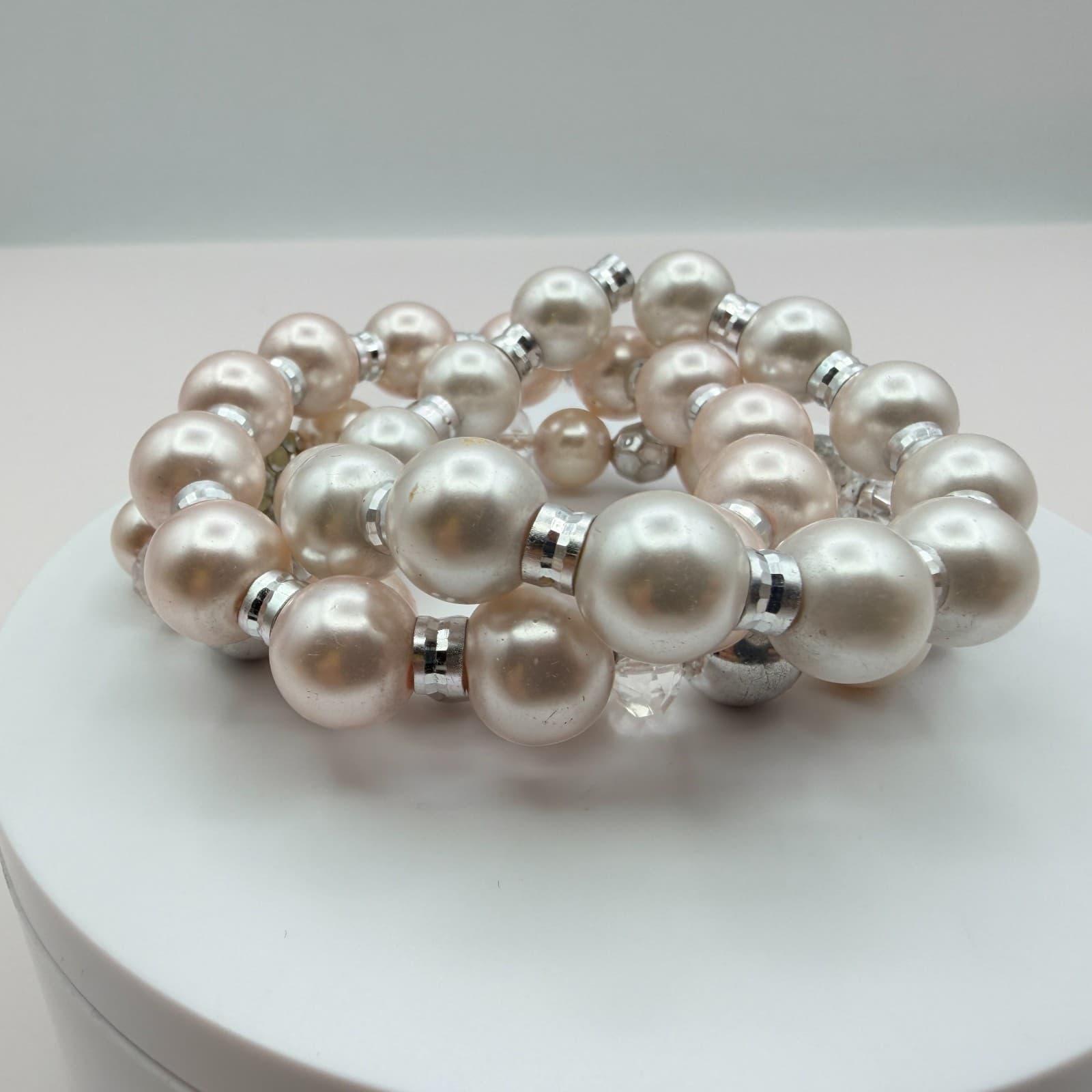 Vintage Y2K Silver Tone Faux Pearl Stretch Beaded Bracelet Women's Jewelry - Thumbnail 5