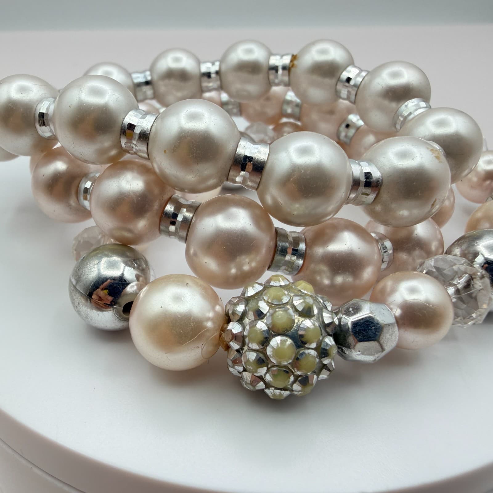 Vintage Y2K Silver Tone Faux Pearl Stretch Beaded Bracelet Women's Jewelry - Thumbnail 11