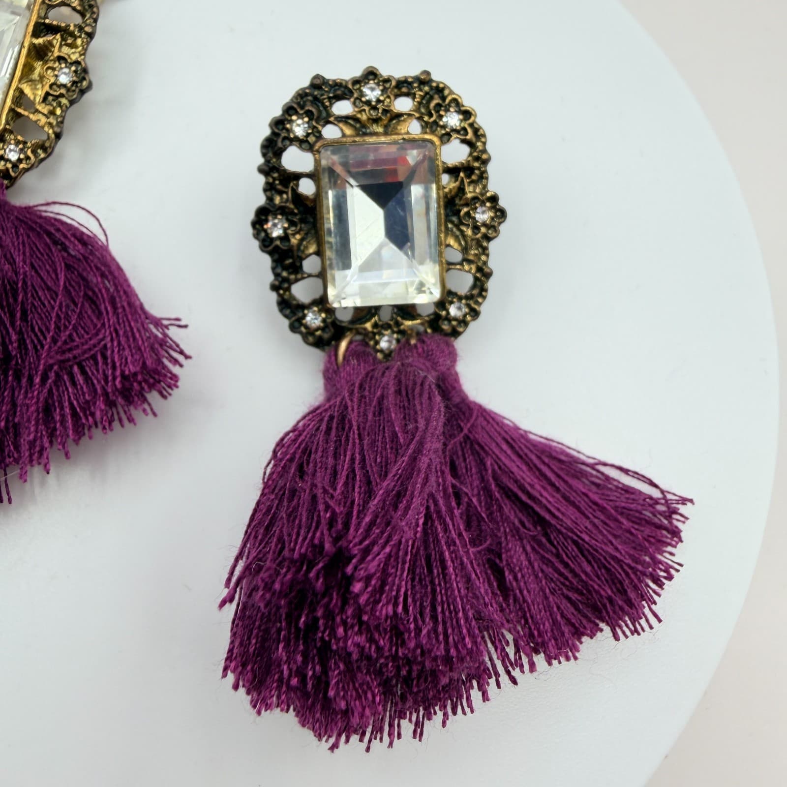 Vintage Y2K Gold Tone Purple Tassel Emerald Cut Earrings Women's Classic Jewelry - Thumbnail 5