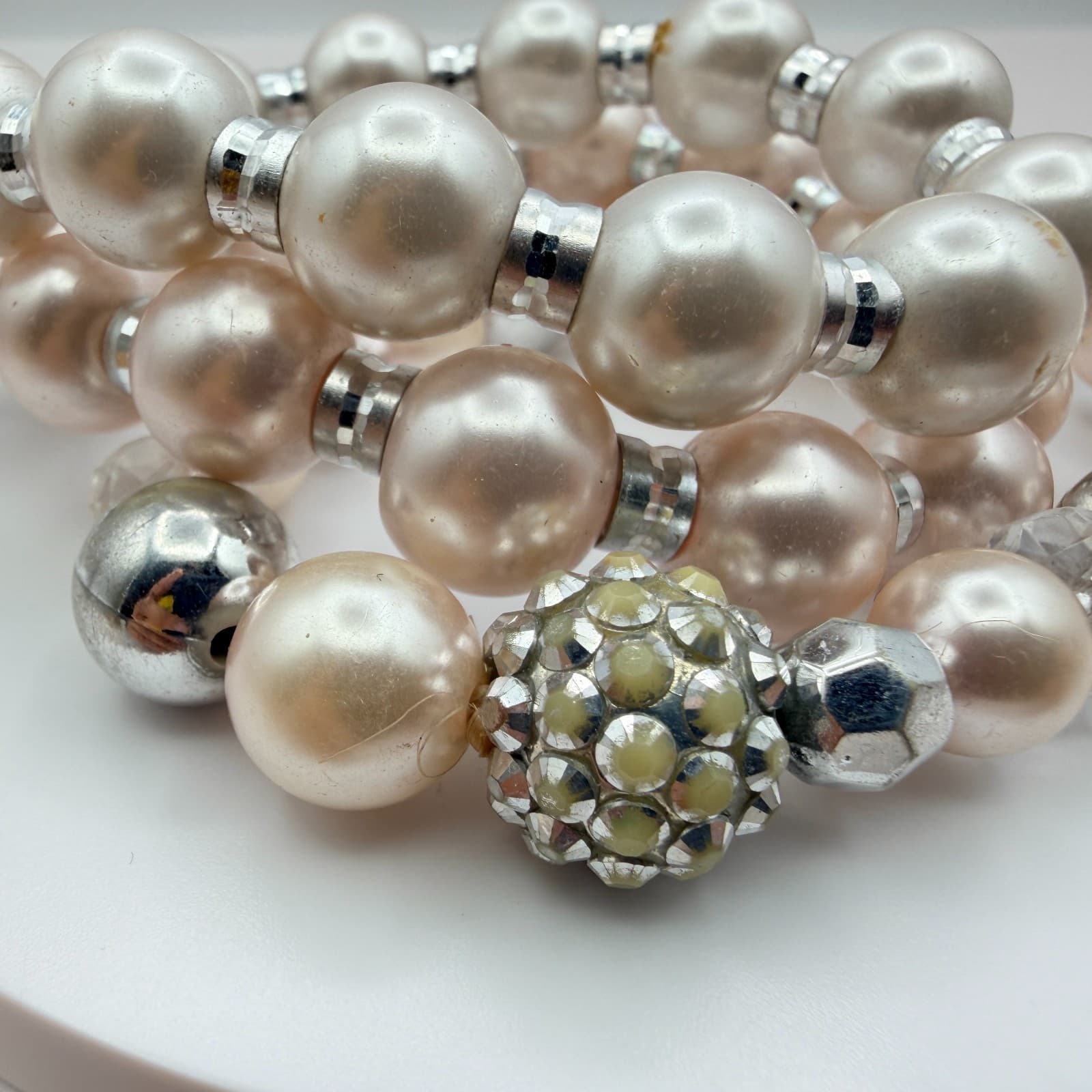 Vintage Y2K Silver Tone Faux Pearl Stretch Beaded Bracelet Women's Jewelry - Thumbnail 12