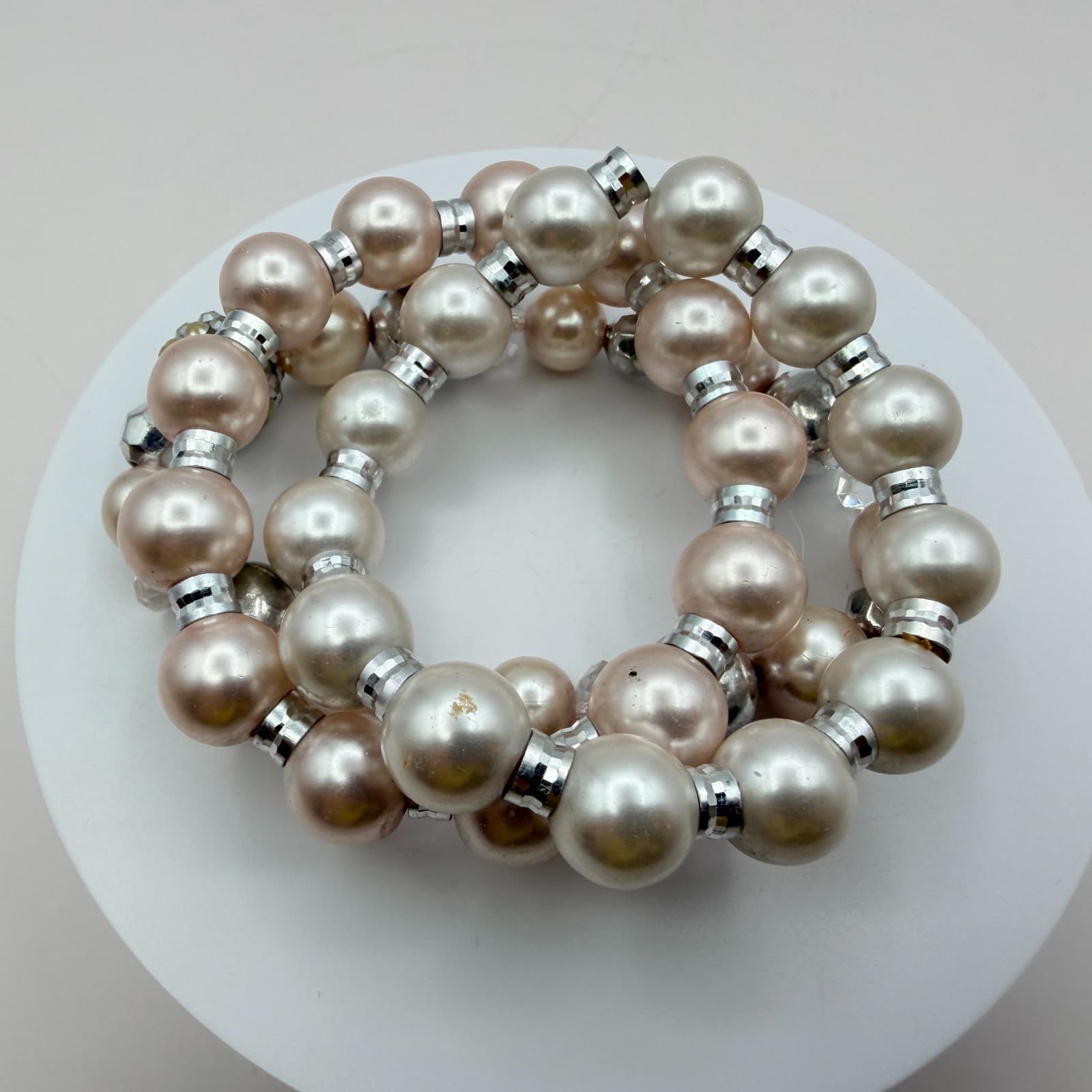 Vintage Y2K Silver Tone Faux Pearl Stretch Beaded Bracelet Women's Jewelry - Thumbnail 7