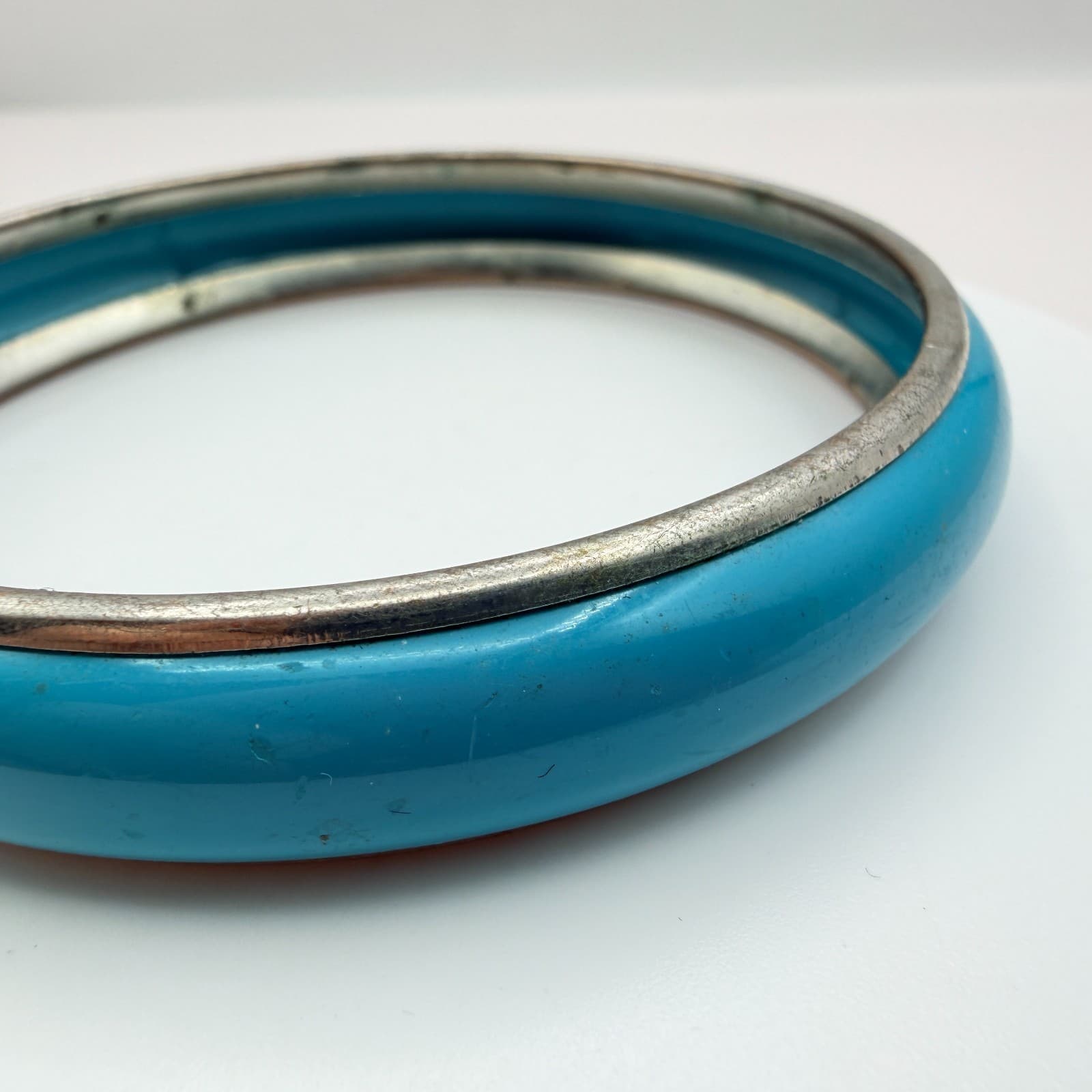 Vintage 90s Silver Tone Blue Enamel Bangle Bracelet Women's Classic Jewelry - Thumbnail 5