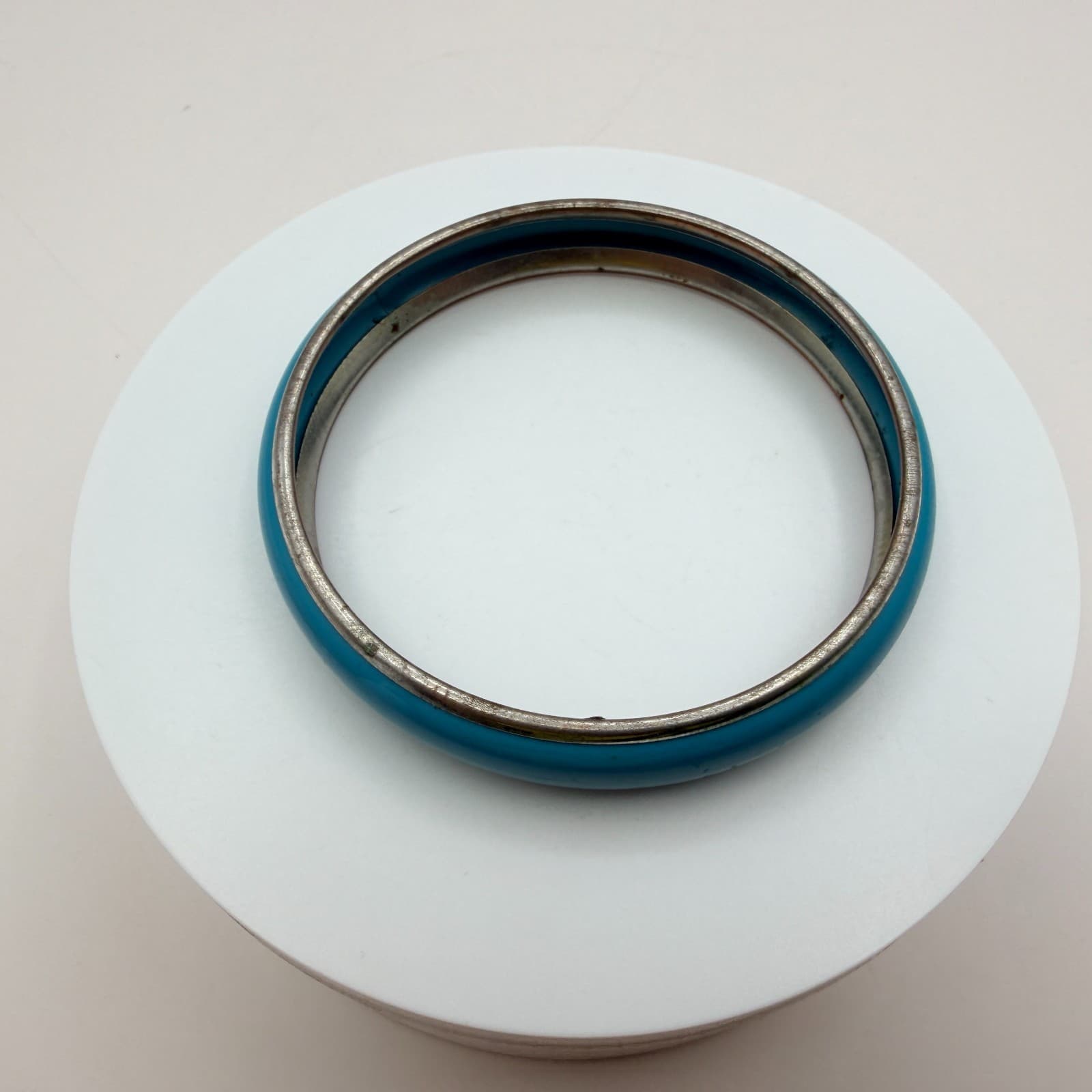 Vintage 90s Silver Tone Blue Enamel Bangle Bracelet Women's Classic Jewelry - Thumbnail 4