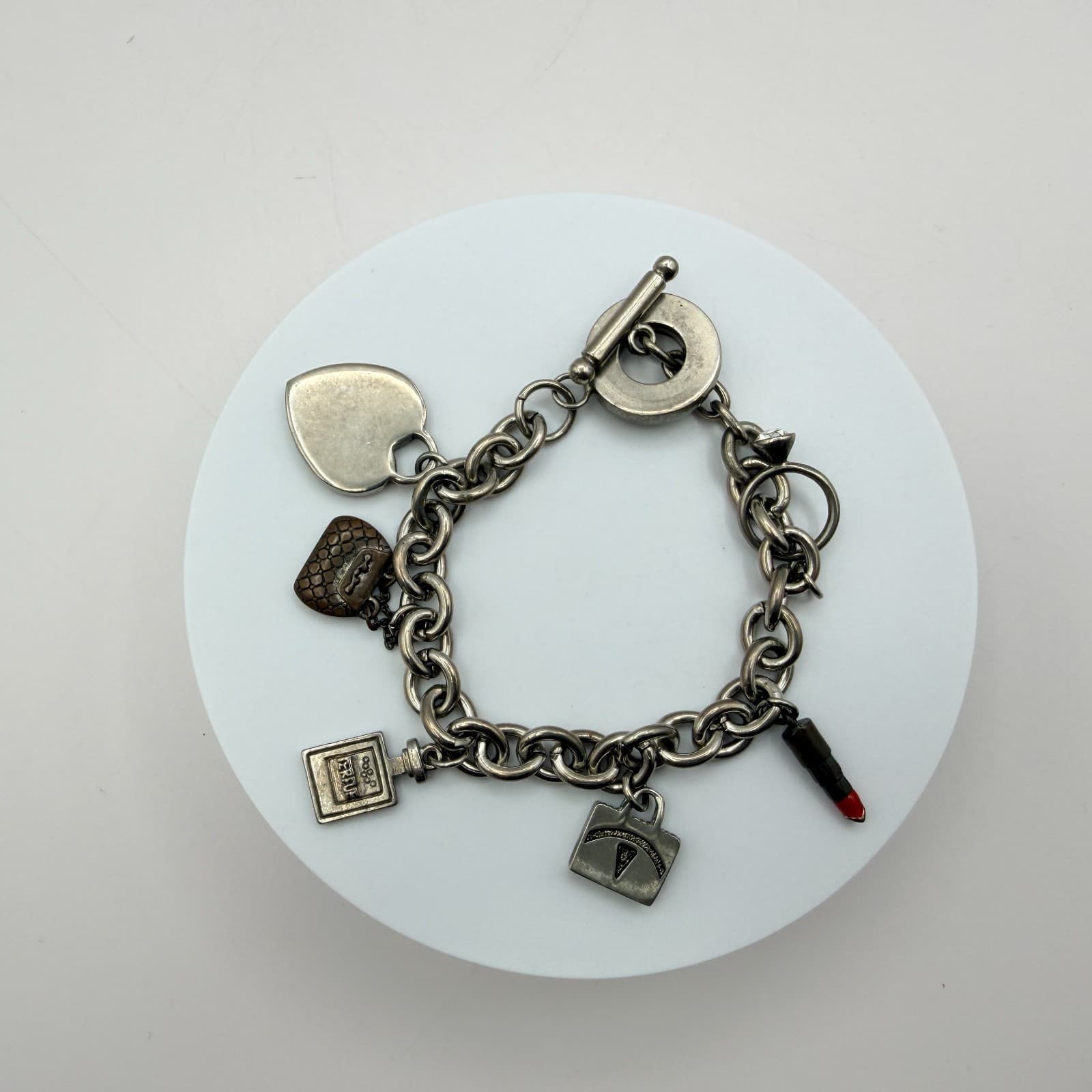 Vintage Y2K Silver Tone Heart Purse Perfume Lipstick Charm Bracelet Jewelry - Thumbnail 8