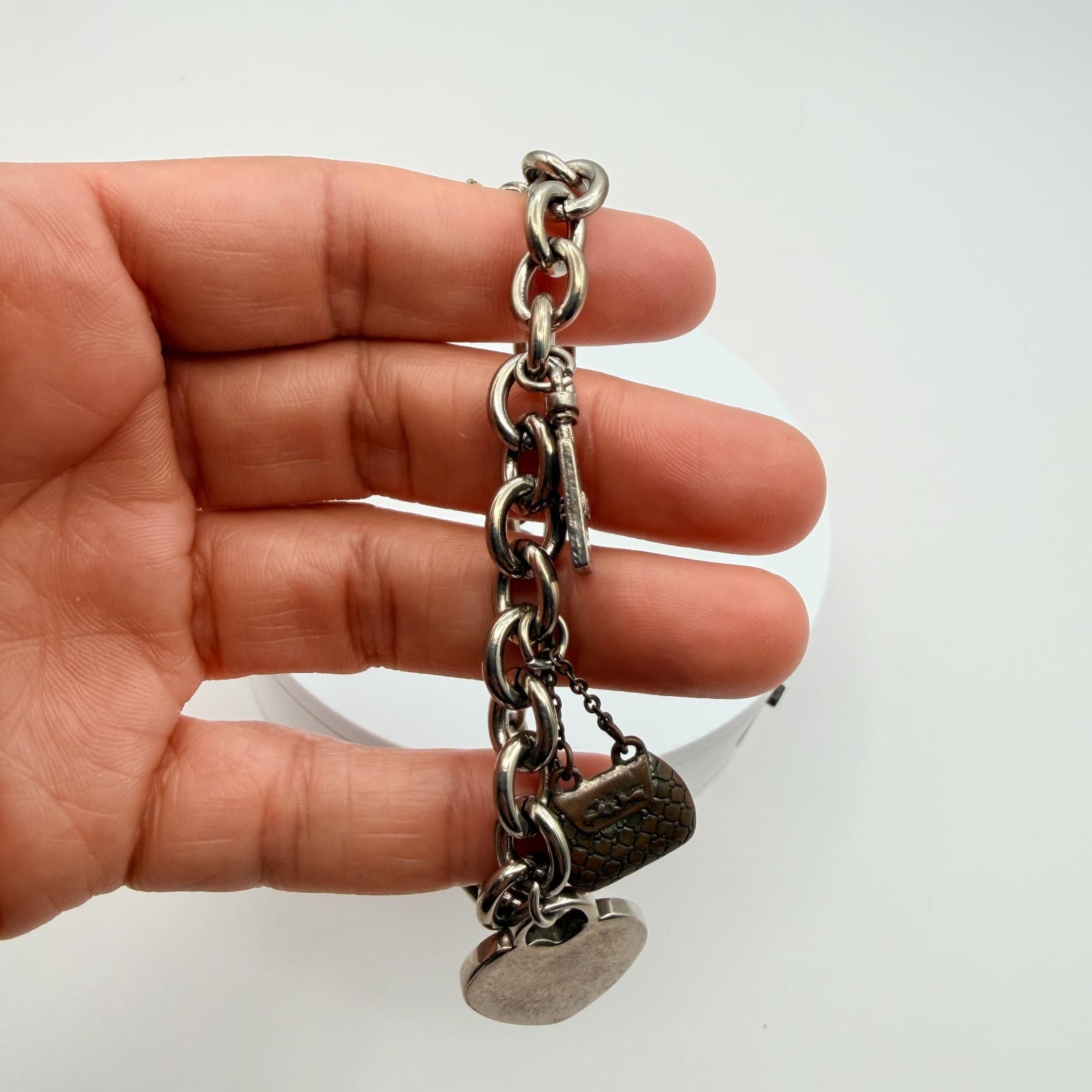 Vintage Y2K Silver Tone Heart Purse Perfume Lipstick Charm Bracelet Jewelry - Thumbnail 9