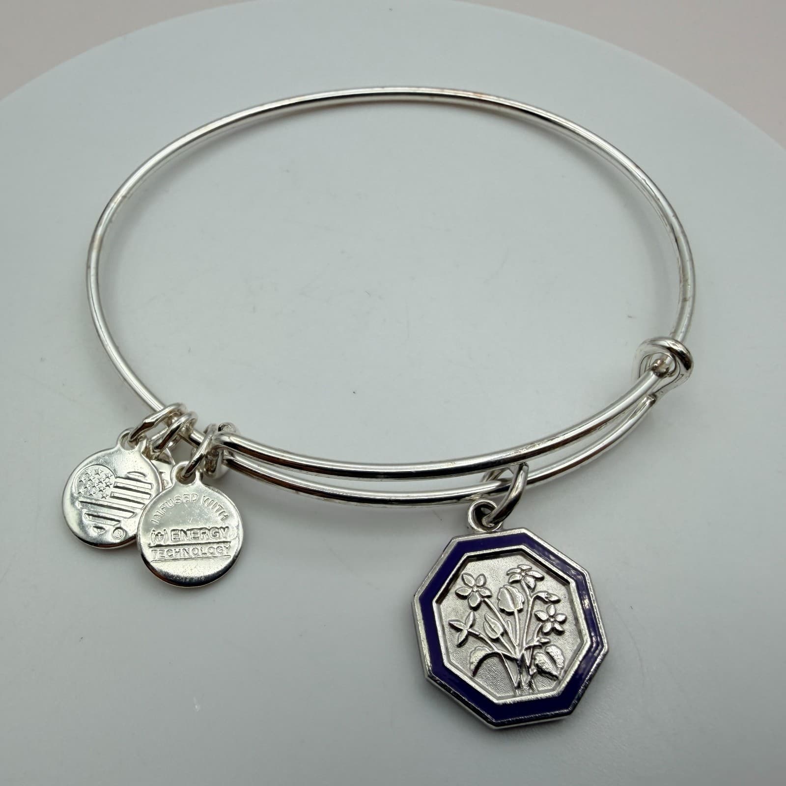 Vintage Y2K Alex Ani Silver Tone Expandable Bangle Floral Octagon Charm Jewelry - Thumbnail 6