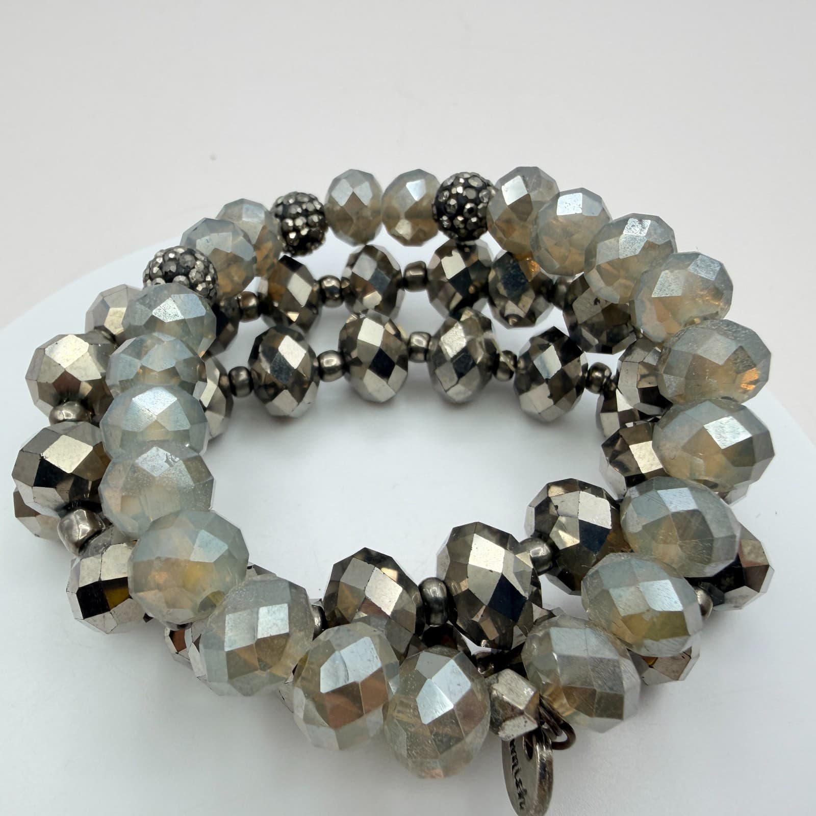 Vintage Y2K Silver Tone Multi Strand Stretch Beaded Bracelet Women Jewelry - Thumbnail 3