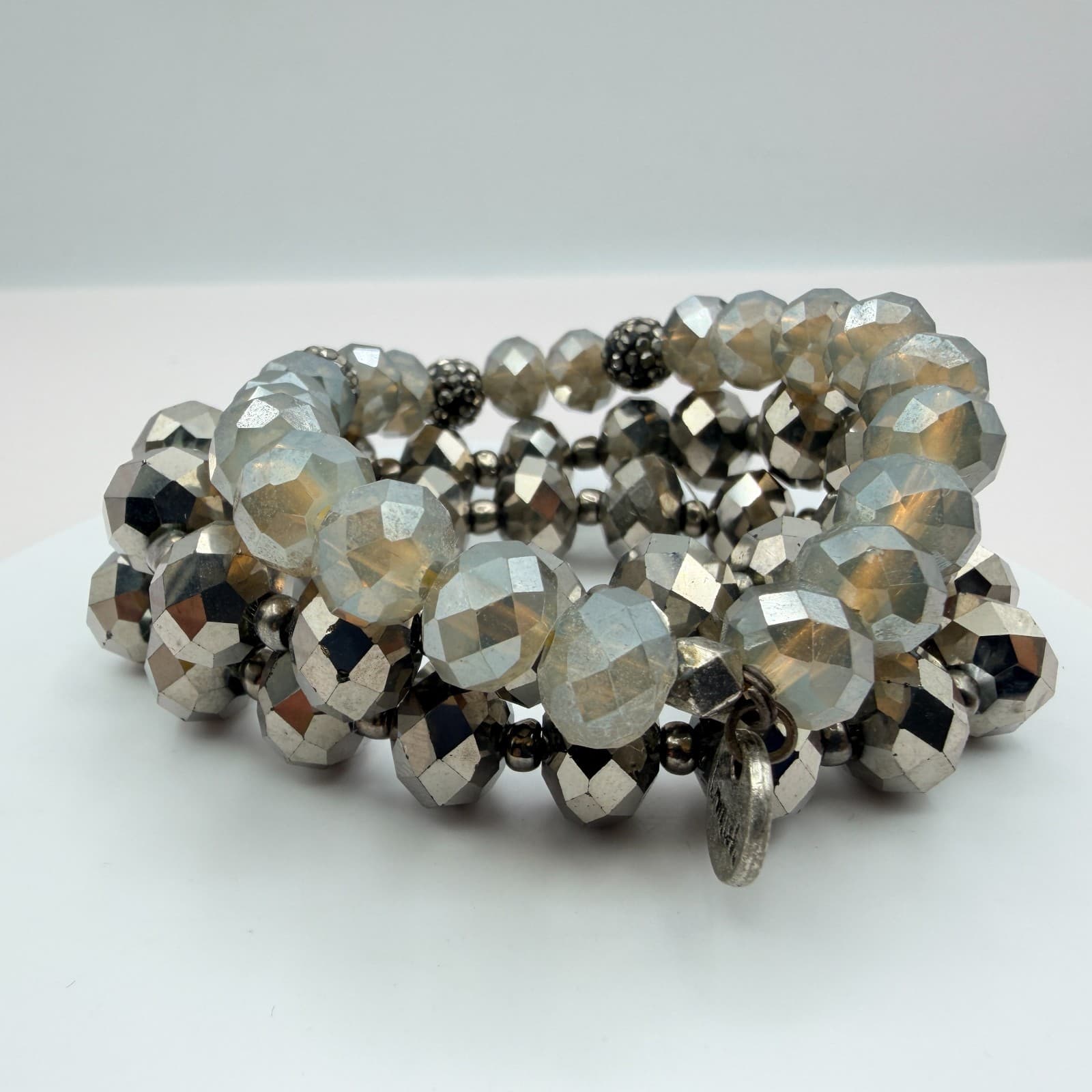 Vintage Y2K Silver Tone Multi Strand Stretch Beaded Bracelet Women Jewelry - Thumbnail 4