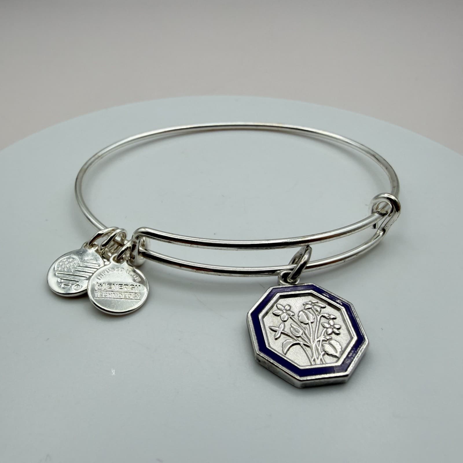 Vintage Y2K Alex Ani Silver Tone Expandable Bangle Floral Octagon Charm Jewelry - Thumbnail 4