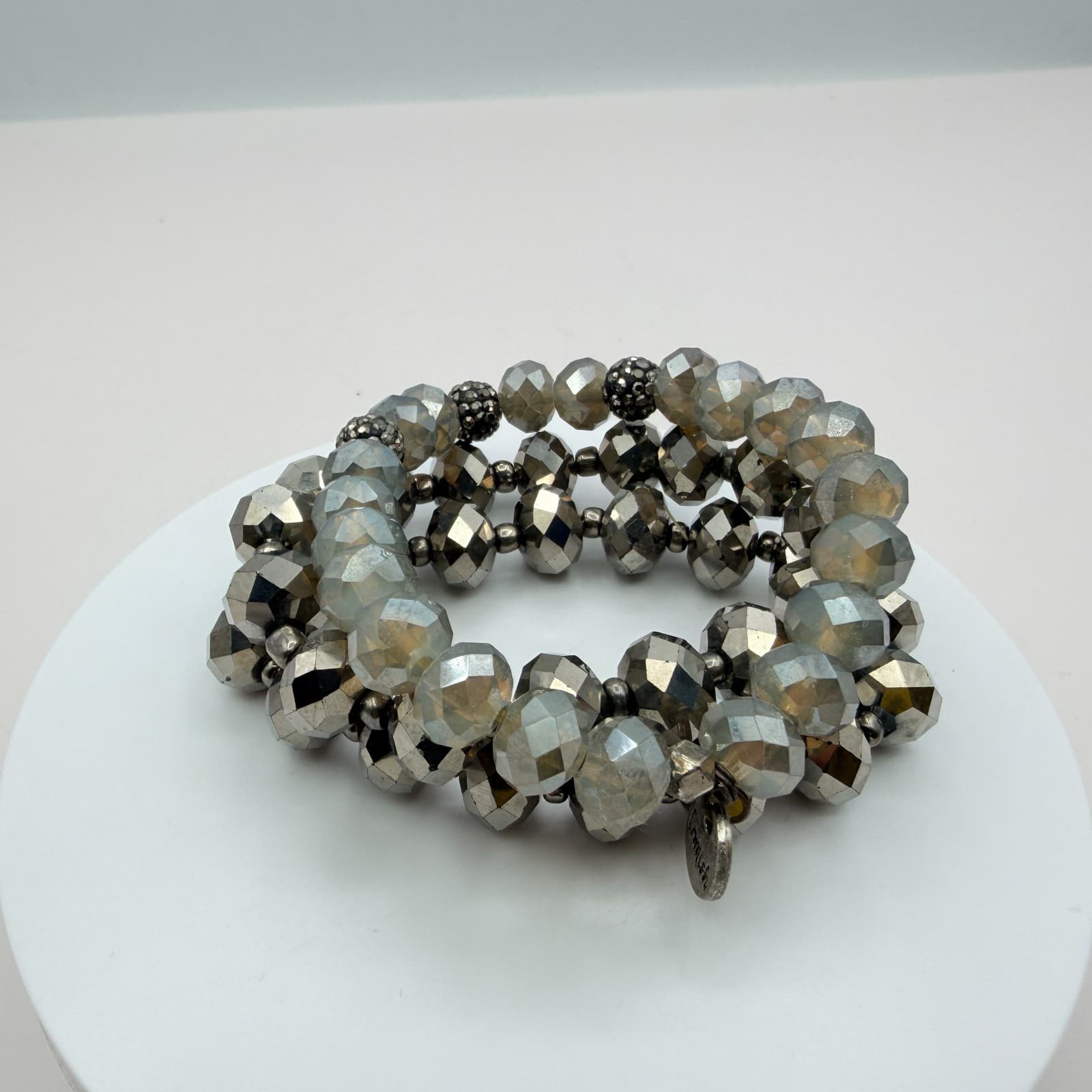 Vintage Y2K Silver Tone Multi Strand Stretch Beaded Bracelet Women Jewelry - Thumbnail 2