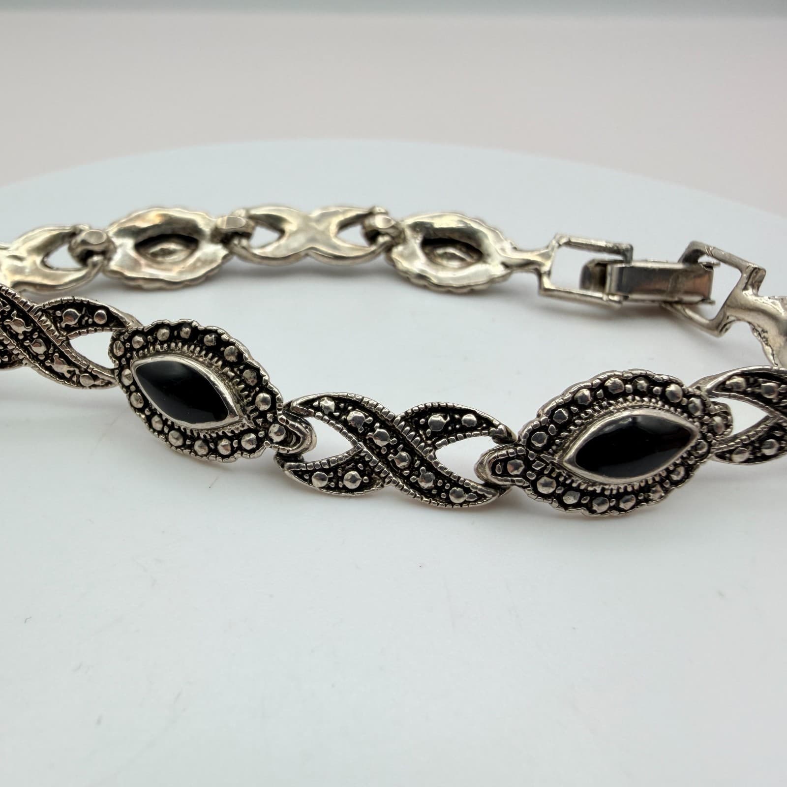 Vintage Y2K Silver Tone Marcasite Onyx Bracelet Retro Women's Classic Jewelry - Image 1