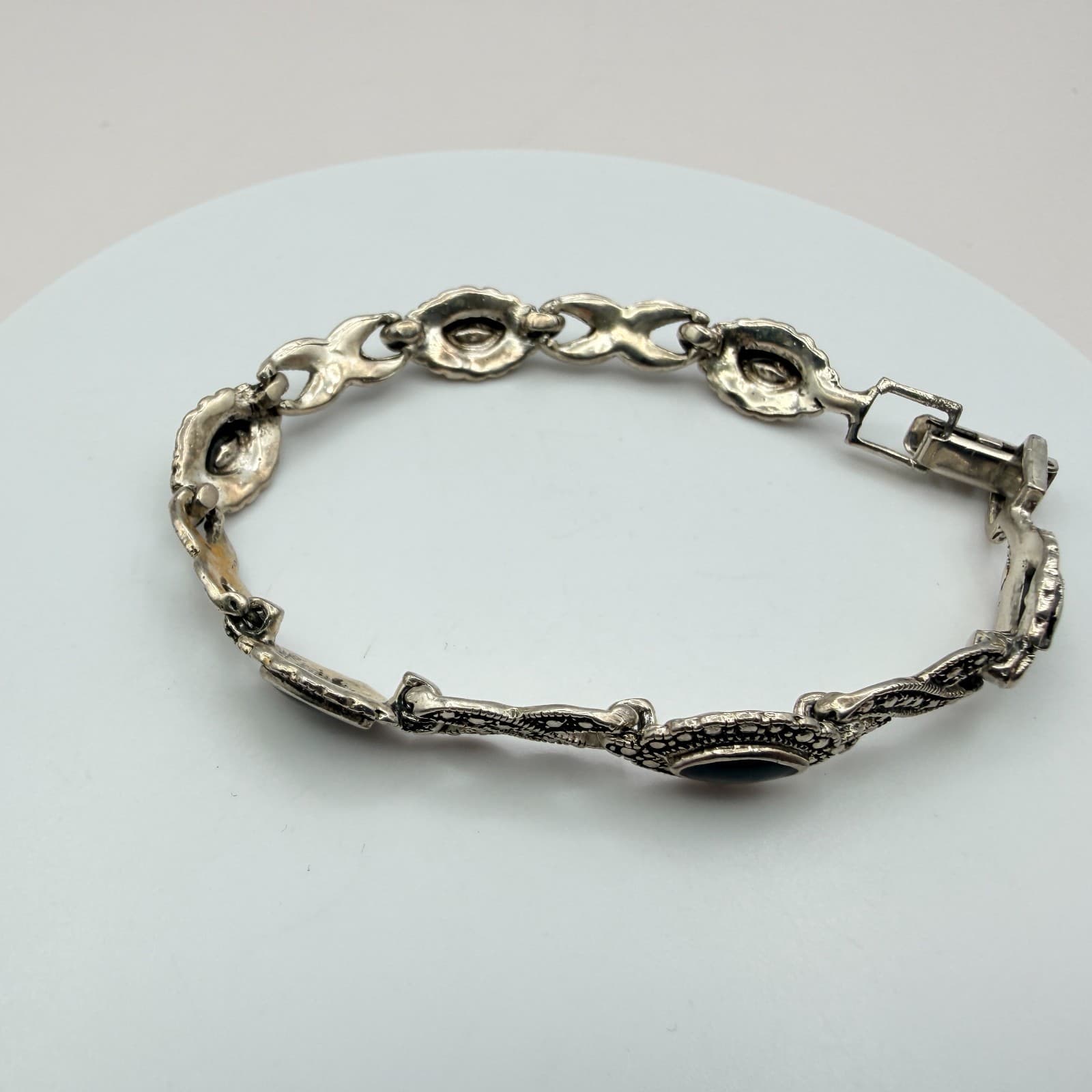 Vintage Y2K Silver Tone Marcasite Onyx Bracelet Retro Women's Classic Jewelry - Thumbnail 6