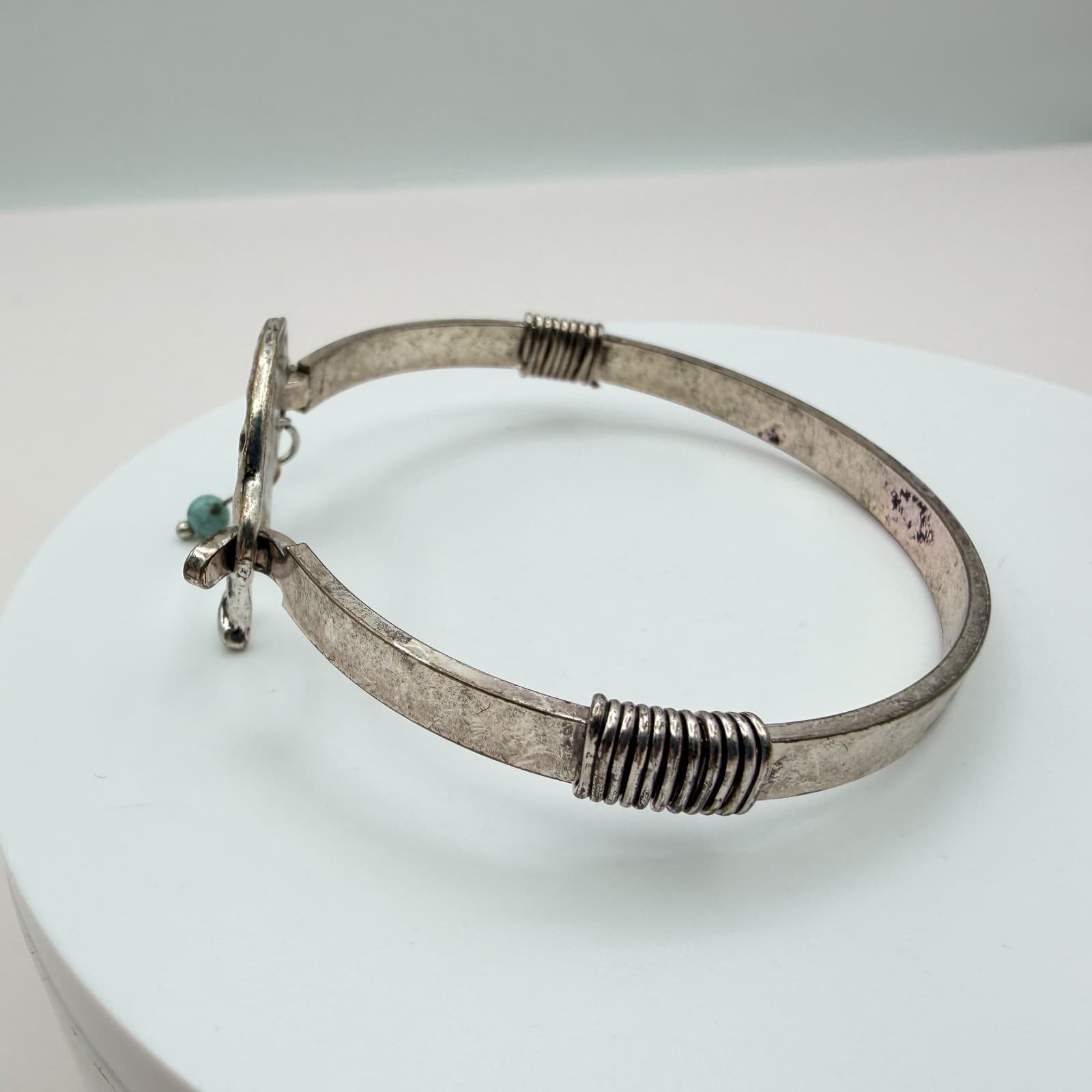 Vintage 90s Silver Tone Horseshoe Turquoise Bead Bangle Bracelet Women's Jewelry - Thumbnail 8