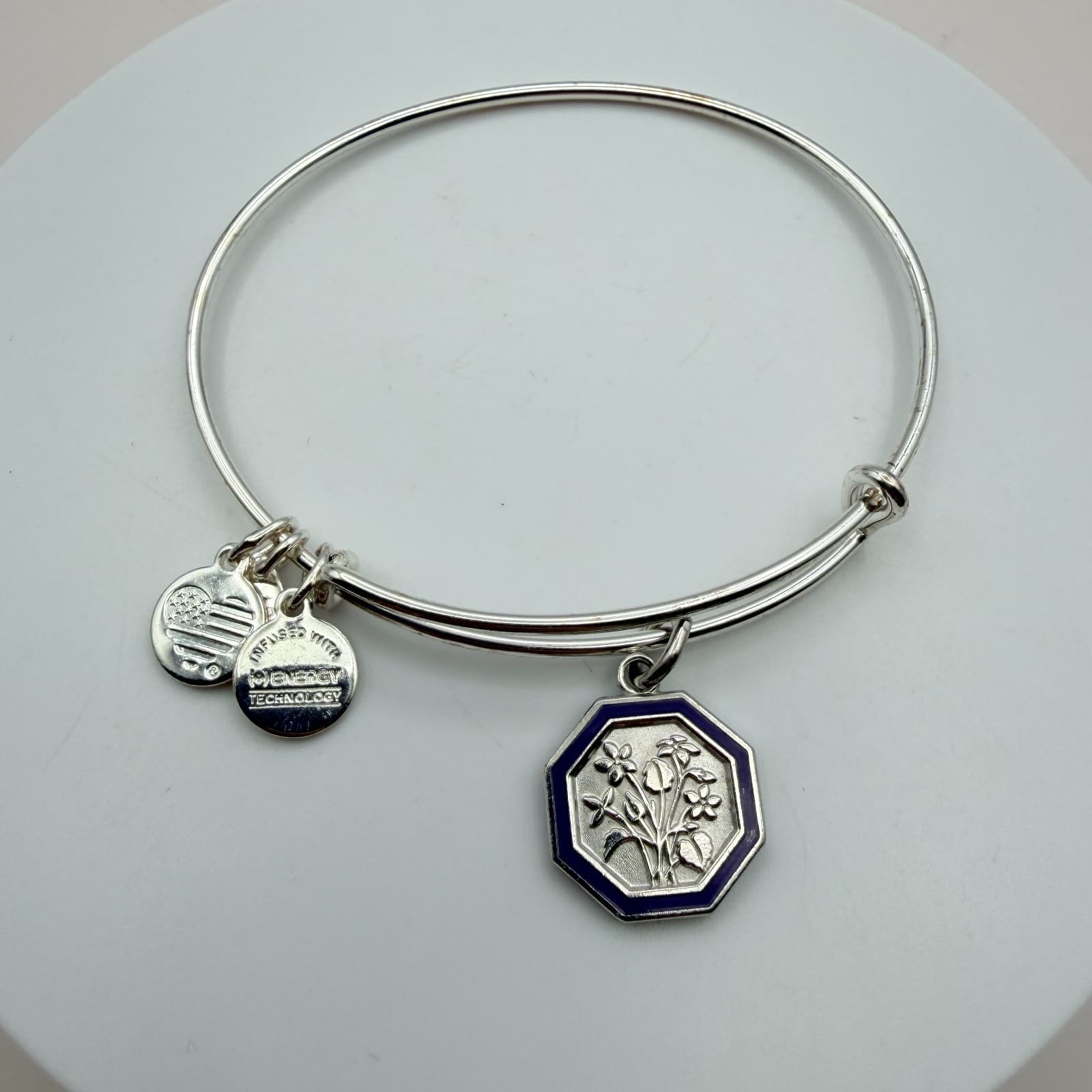 Vintage Y2K Alex Ani Silver Tone Expandable Bangle Floral Octagon Charm Jewelry - Thumbnail 7