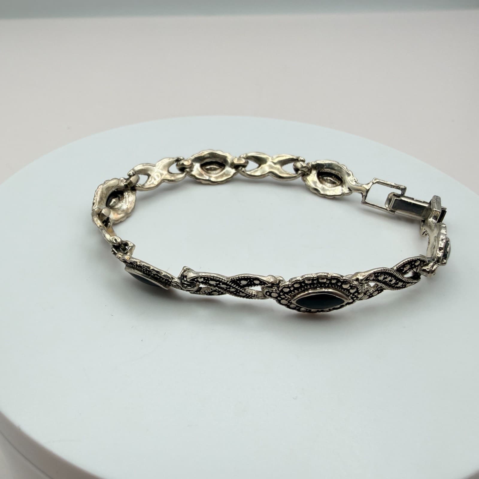 Vintage Y2K Silver Tone Marcasite Onyx Bracelet Retro Women's Classic Jewelry - Thumbnail 5