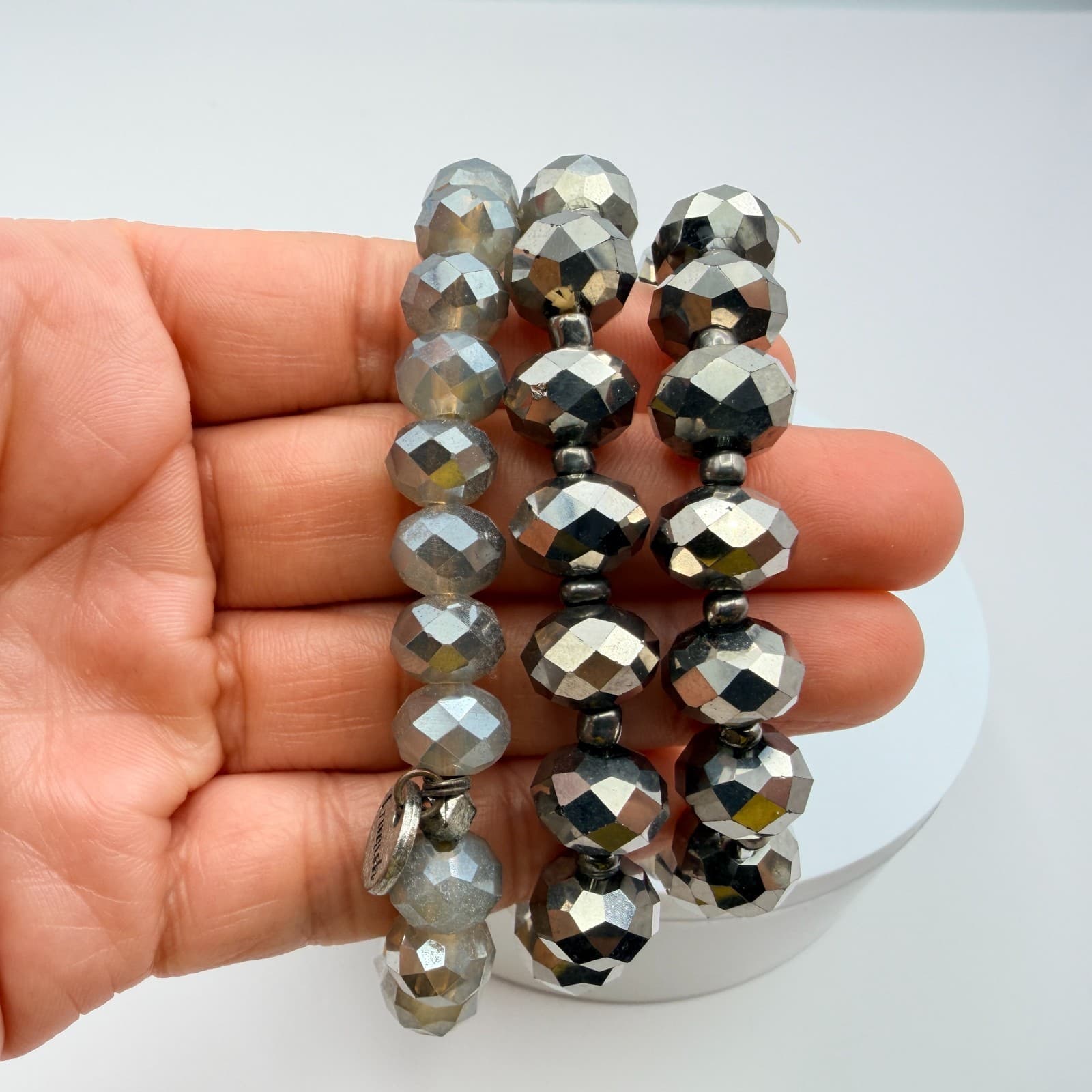 Vintage Y2K Silver Tone Multi Strand Stretch Beaded Bracelet Women Jewelry - Thumbnail 10