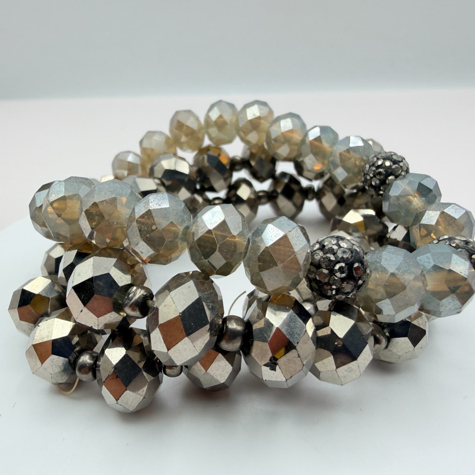 Vintage Y2K Silver Tone Multi Strand Stretch Beaded Bracelet Women Jewelry - Thumbnail 6