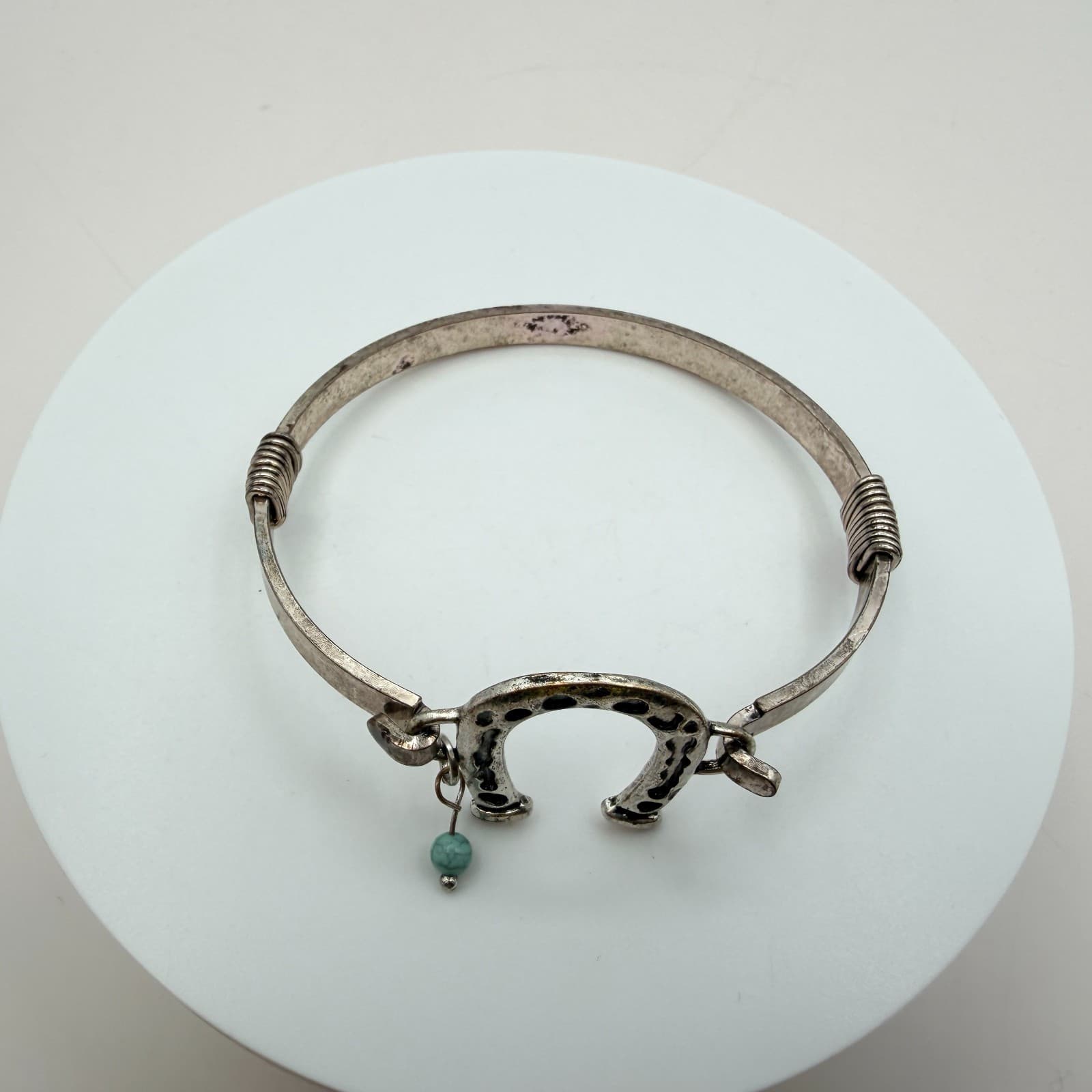 Vintage 90s Silver Tone Horseshoe Turquoise Bead Bangle Bracelet Women's Jewelry - Thumbnail 4
