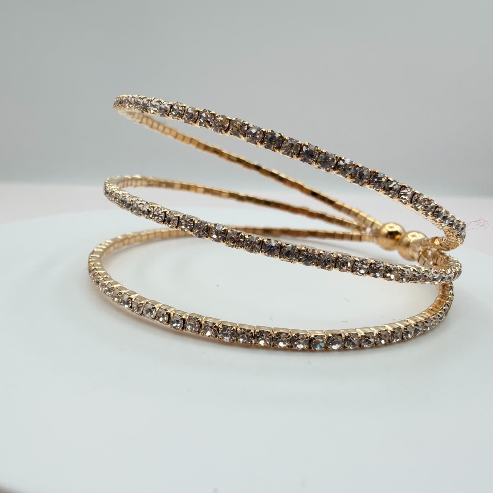 Vintage Y2K Gold Tone 3 Row Clear Rhinestone Wrap Cuff Bracelet Classic Jewelry - Thumbnail 6