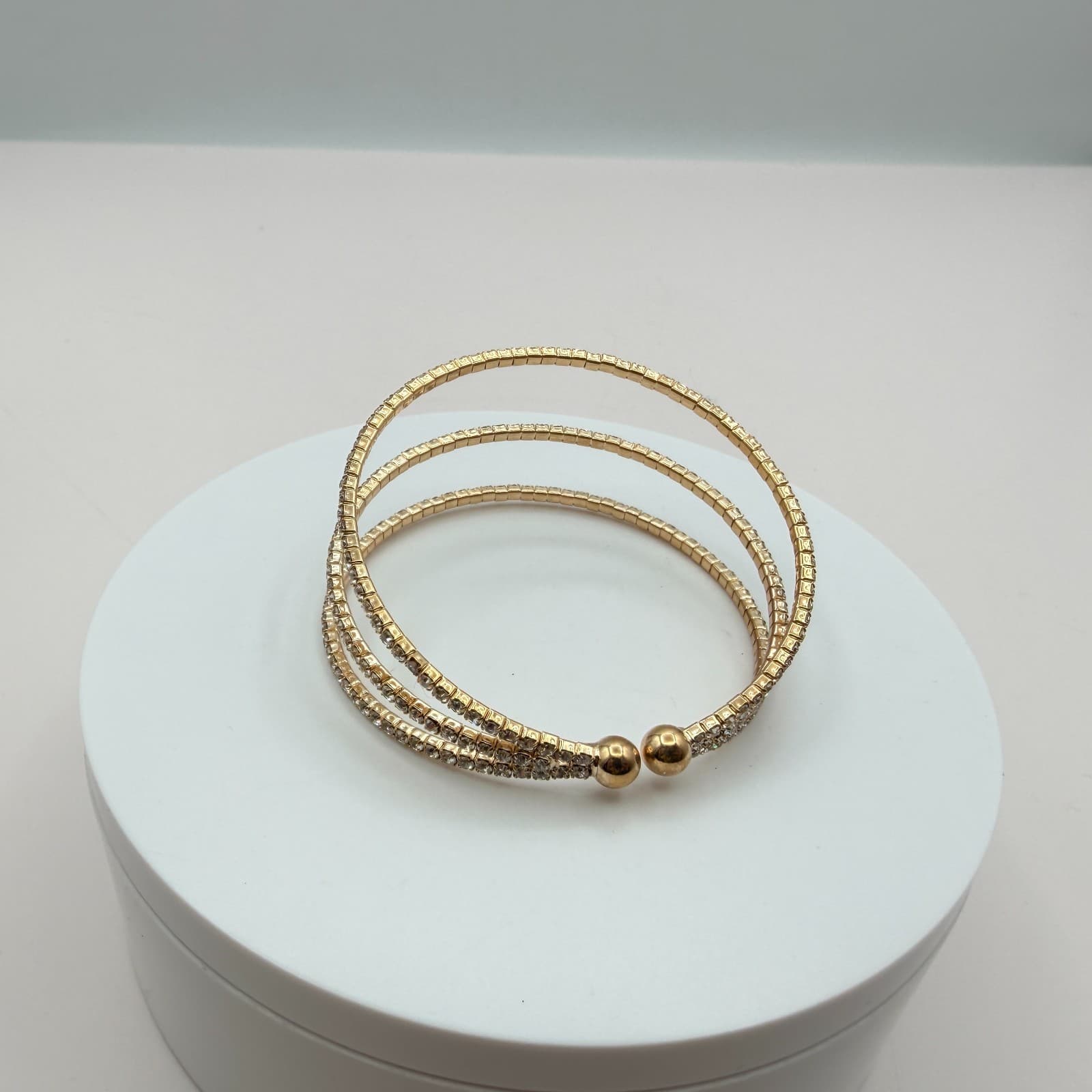 Vintage Y2K Gold Tone 3 Row Clear Rhinestone Wrap Cuff Bracelet Classic Jewelry - Thumbnail 8