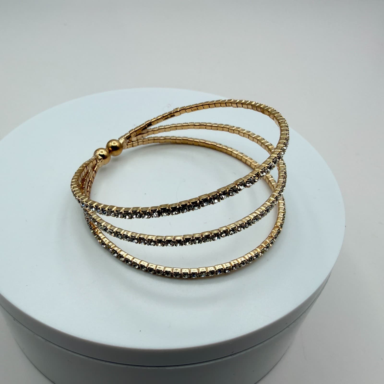 Vintage Y2K Gold Tone 3 Row Clear Rhinestone Wrap Cuff Bracelet Classic Jewelry - Thumbnail 2