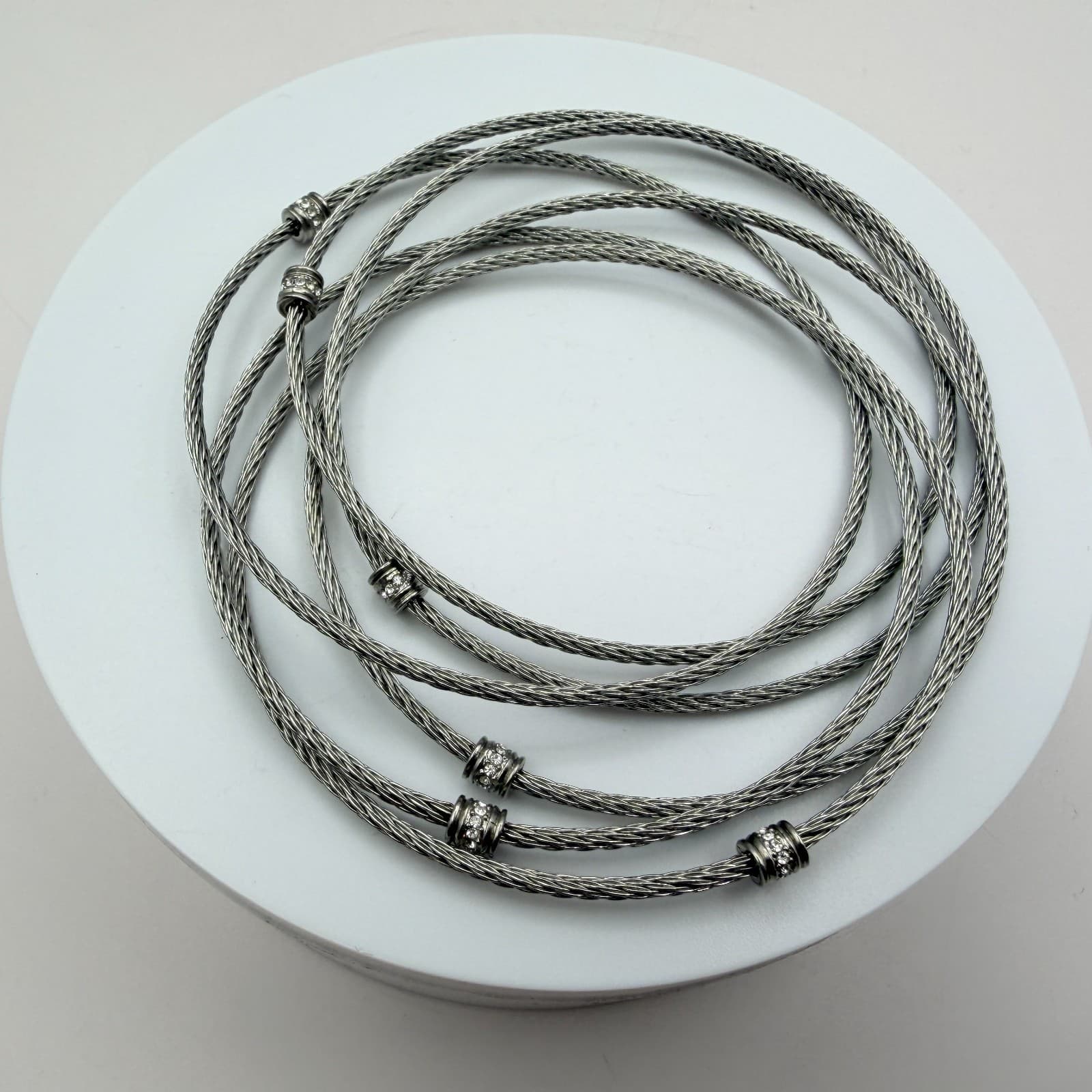 Vintage 90s Silver Tone Cable Wire Bangle Bracelet Rhinestone Women's Jewelry - Thumbnail 2