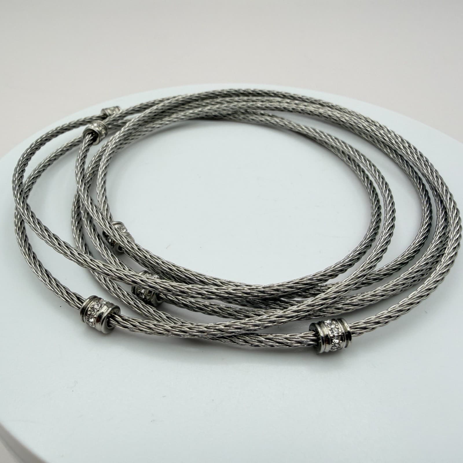 Vintage 90s Silver Tone Cable Wire Bangle Bracelet Rhinestone Women's Jewelry - Image 1