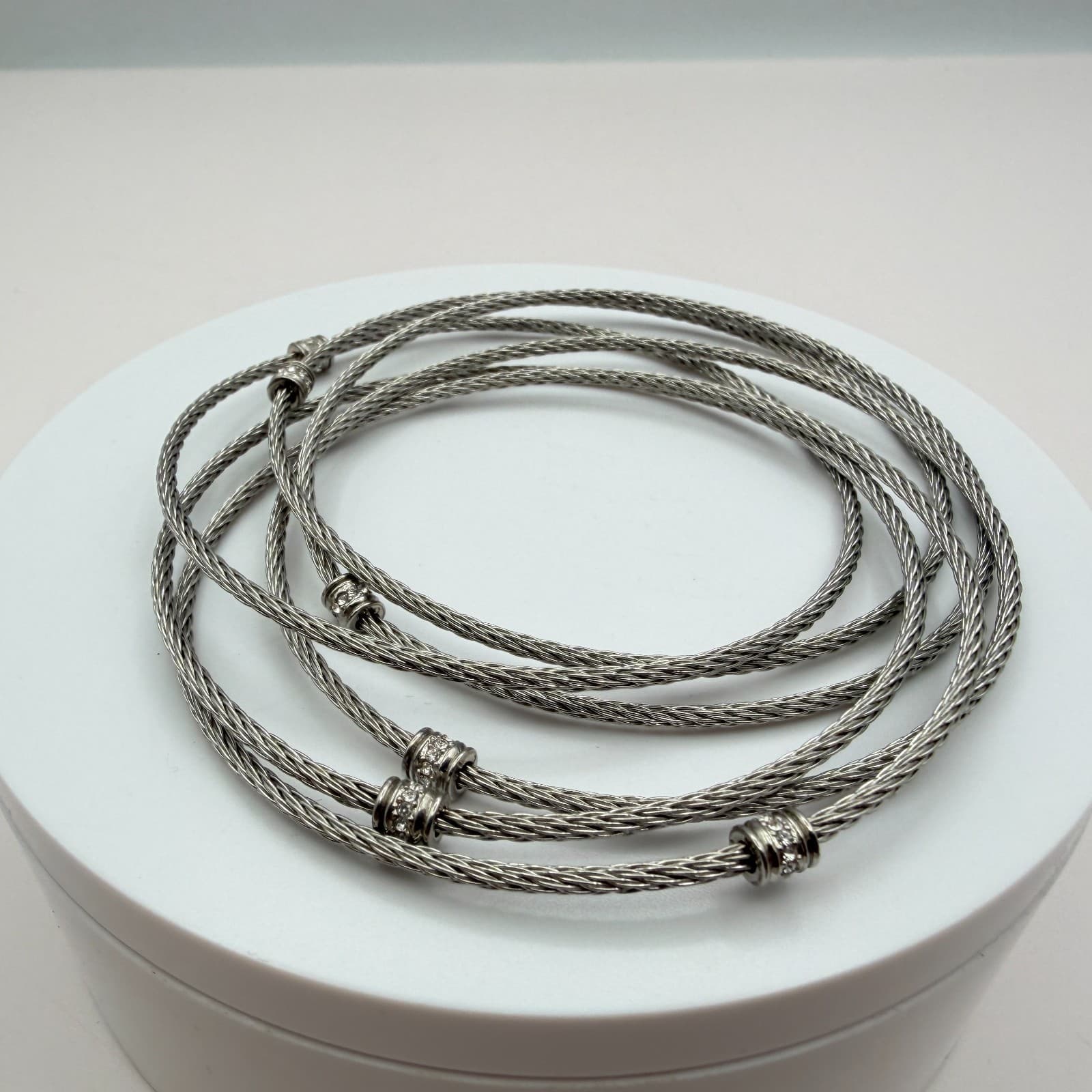 Vintage 90s Silver Tone Cable Wire Bangle Bracelet Rhinestone Women's Jewelry - Thumbnail 3