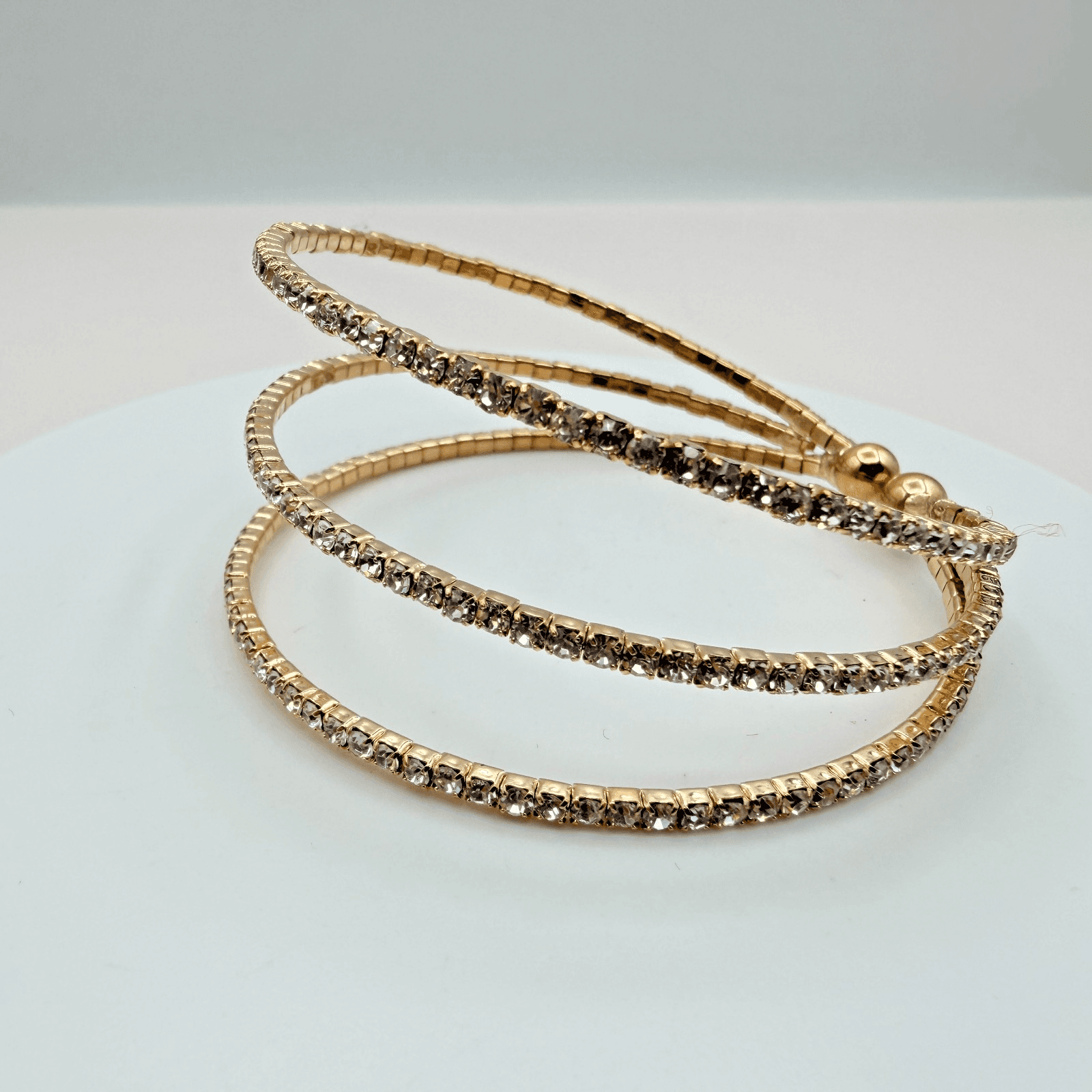 Vintage Y2K Gold Tone 3 Row Clear Rhinestone Wrap Cuff Bracelet Classic Jewelry - Image 1