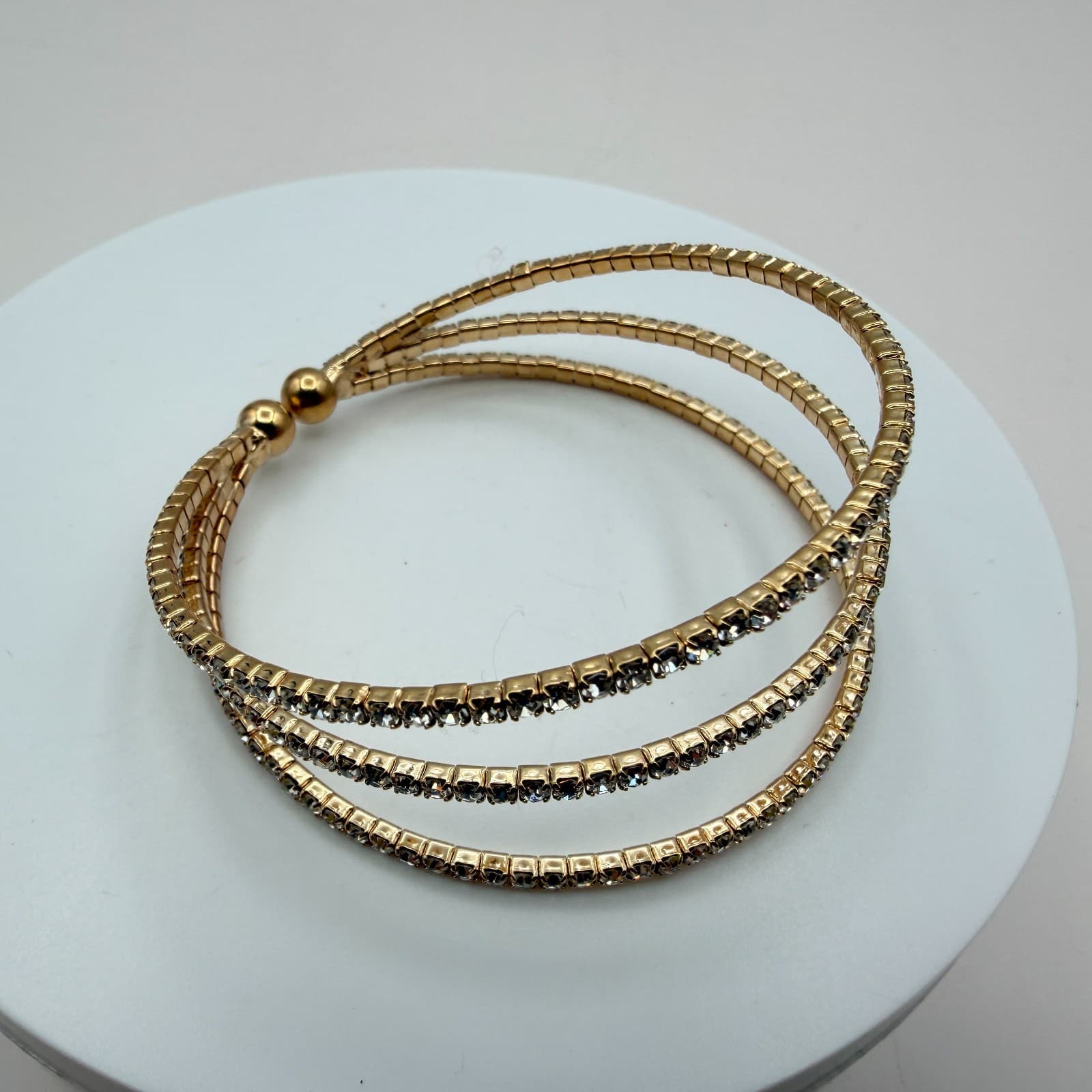 Vintage Y2K Gold Tone 3 Row Clear Rhinestone Wrap Cuff Bracelet Classic Jewelry - Thumbnail 4