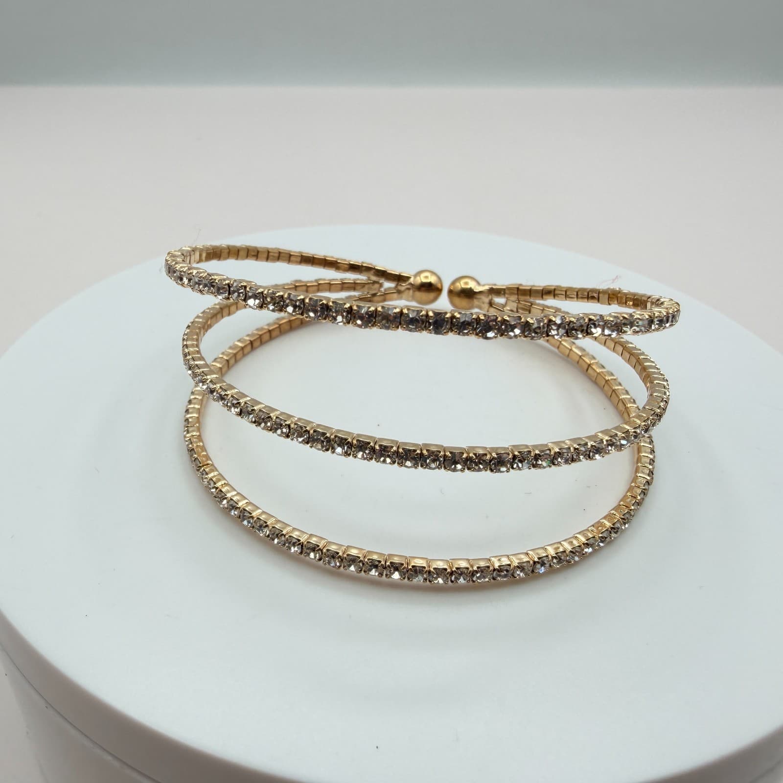 Vintage Y2K Gold Tone 3 Row Clear Rhinestone Wrap Cuff Bracelet Classic Jewelry - Thumbnail 5