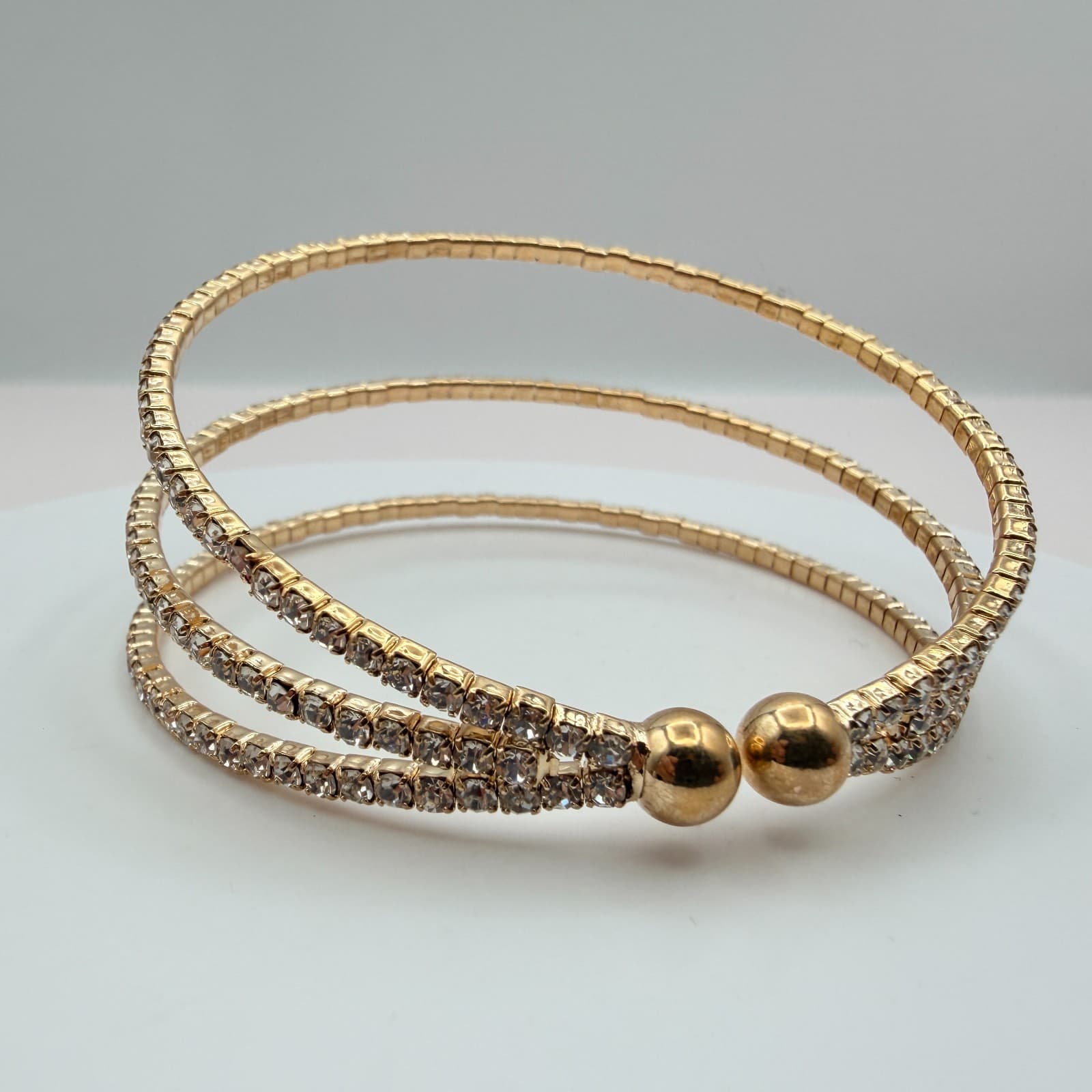 Vintage Y2K Gold Tone 3 Row Clear Rhinestone Wrap Cuff Bracelet Classic Jewelry - Thumbnail 7