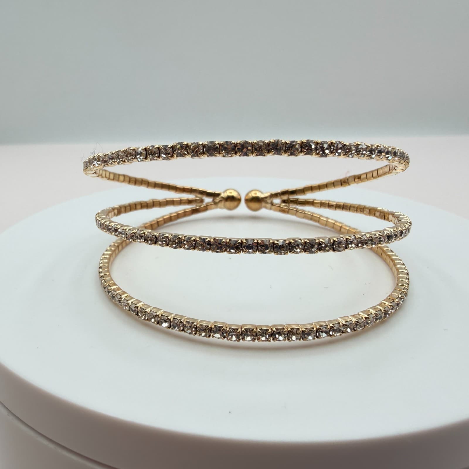 Vintage Y2K Gold Tone 3 Row Clear Rhinestone Wrap Cuff Bracelet Classic Jewelry - Thumbnail 10