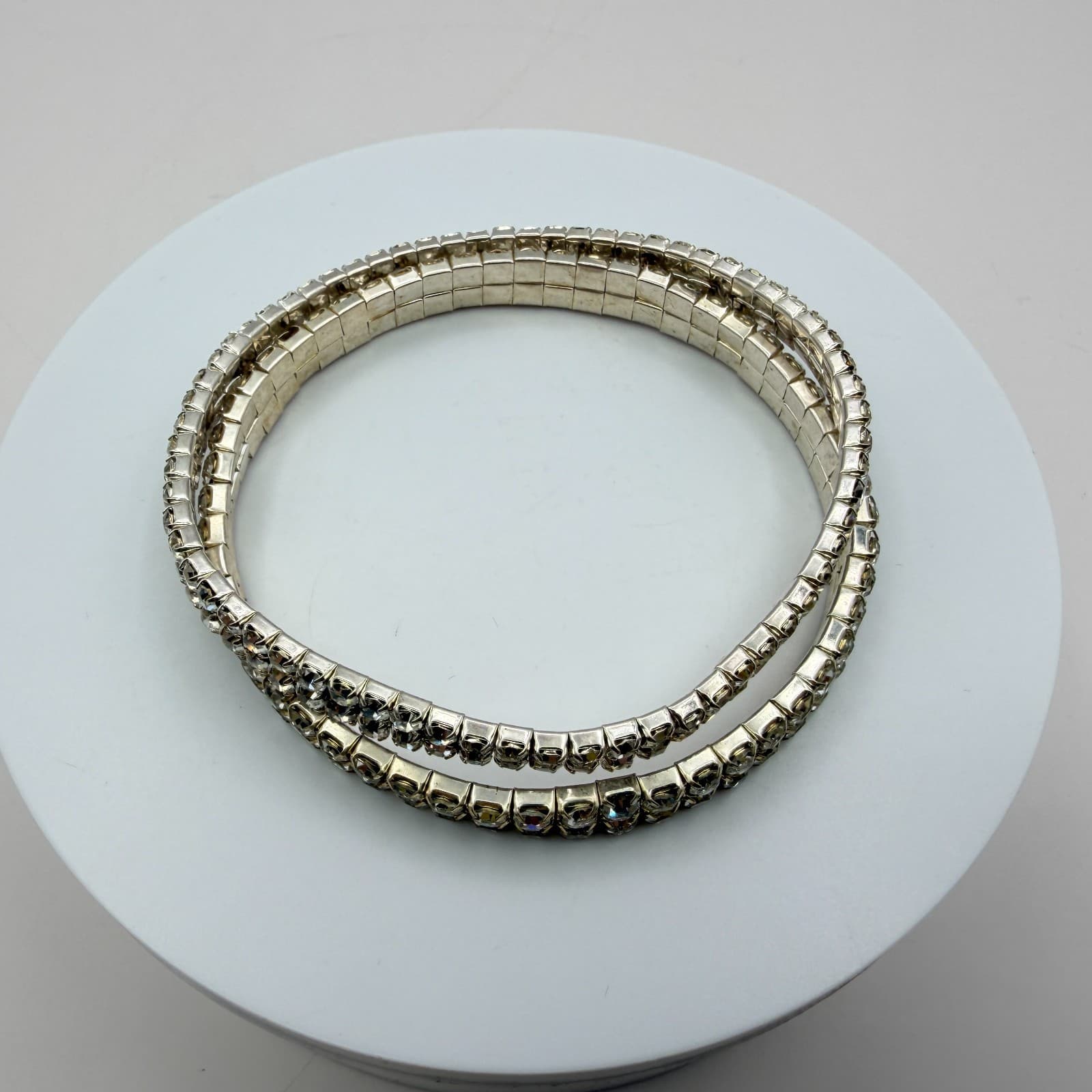 Vintage Y2K Silver Tone Double Strand Clear Rhinestone Bracelet Women's Jewelry - Thumbnail 5