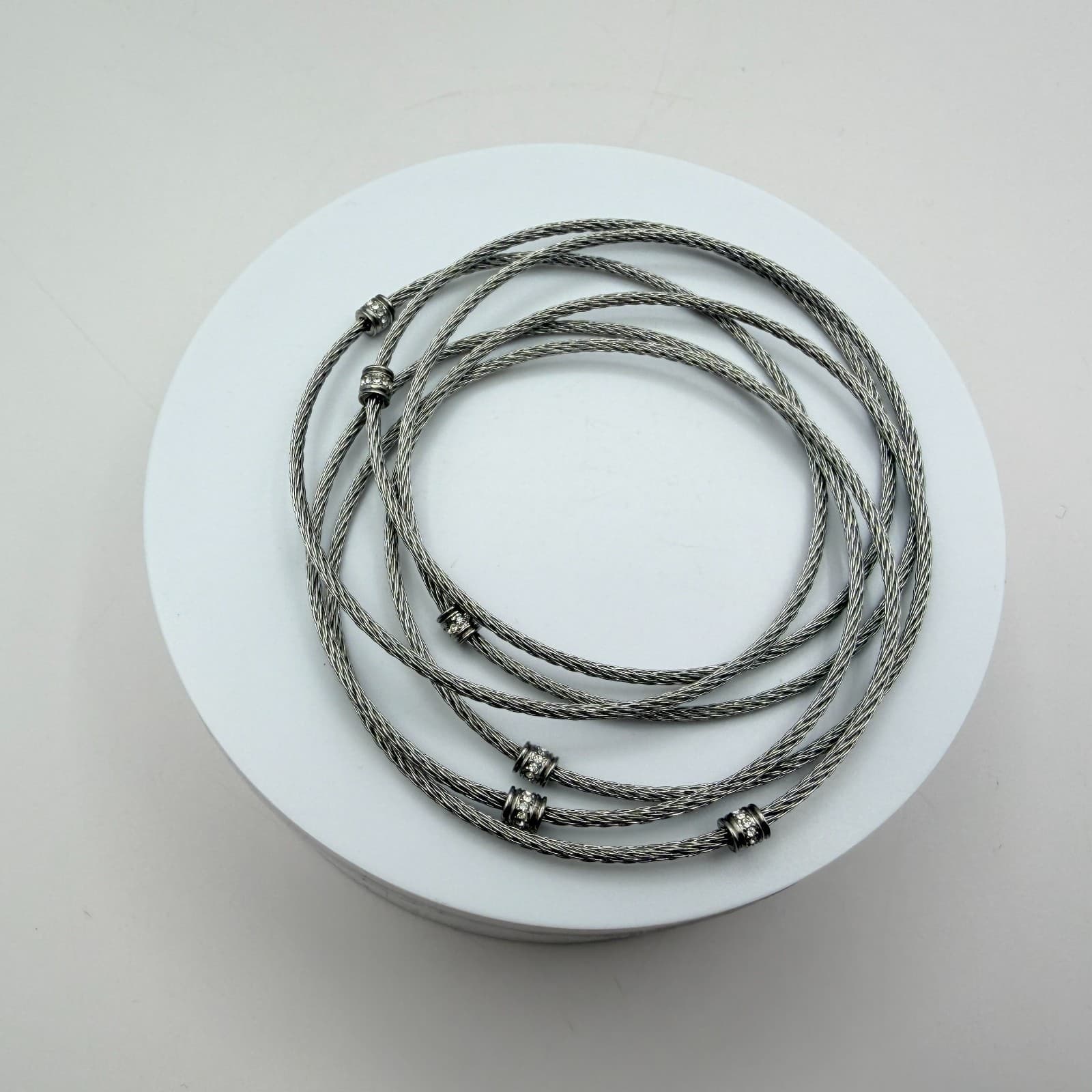 Vintage 90s Silver Tone Cable Wire Bangle Bracelet Rhinestone Women's Jewelry - Thumbnail 5