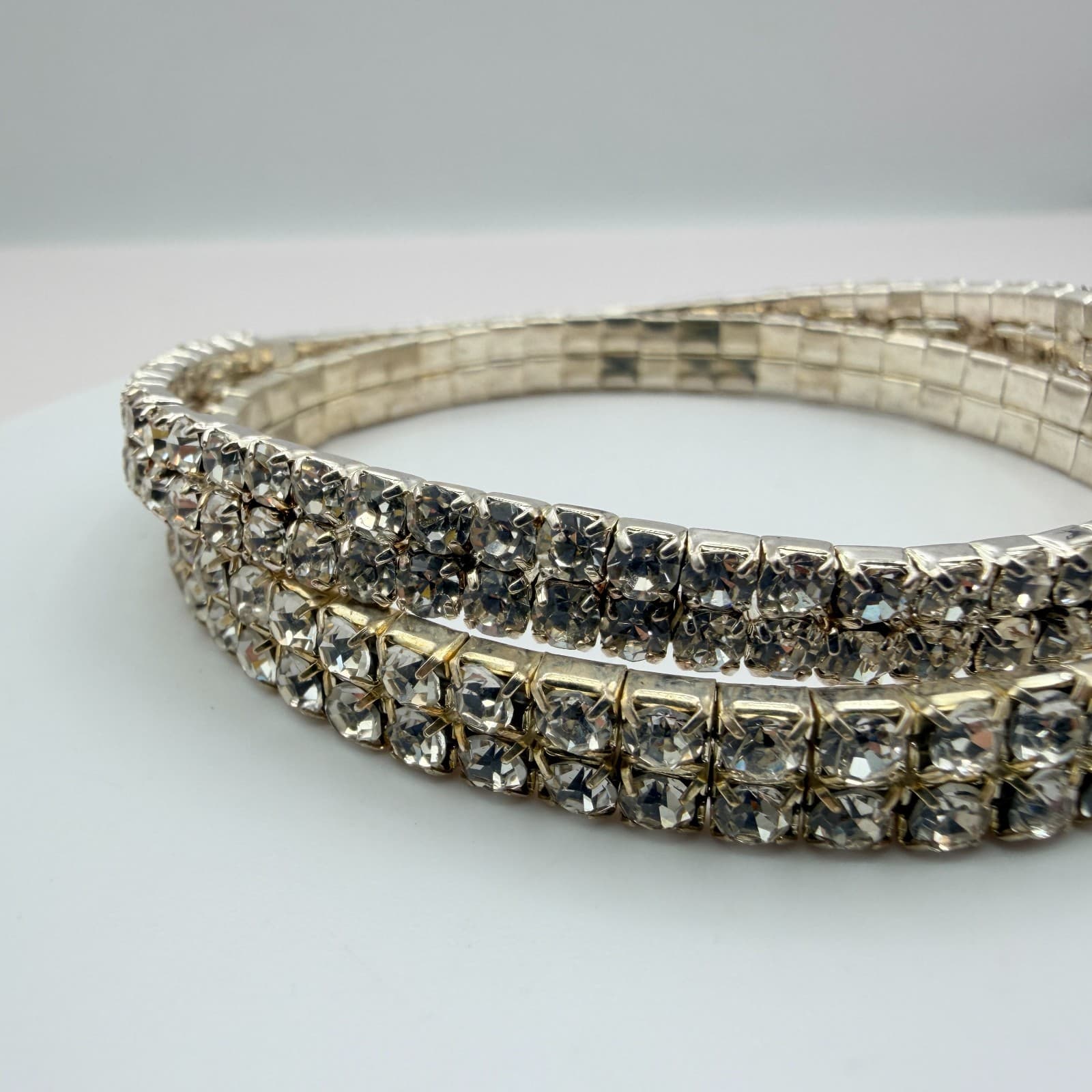 Vintage Y2K Silver Tone Double Strand Clear Rhinestone Bracelet Women's Jewelry - Thumbnail 4