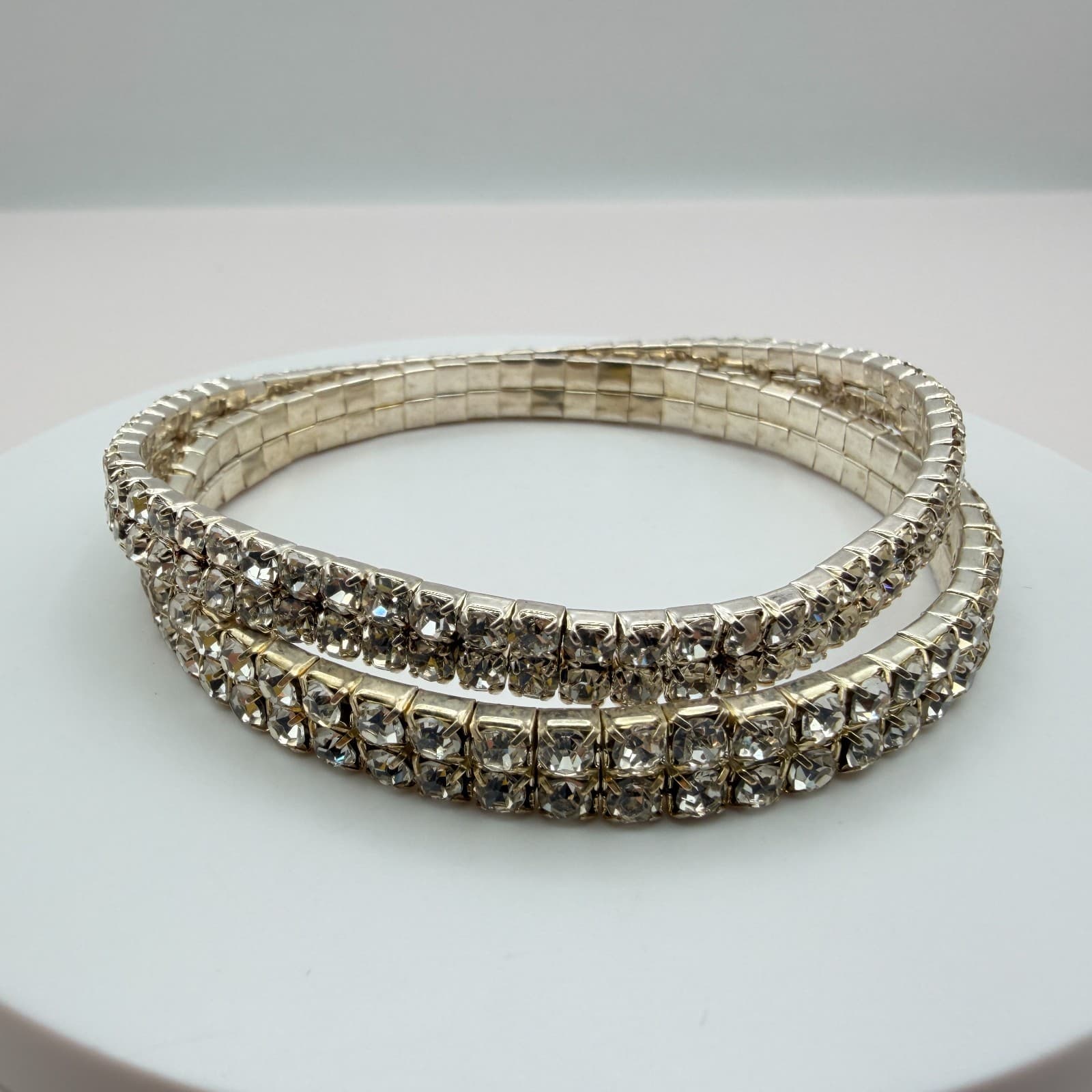 Vintage Y2K Silver Tone Double Strand Clear Rhinestone Bracelet Women's Jewelry - Thumbnail 3