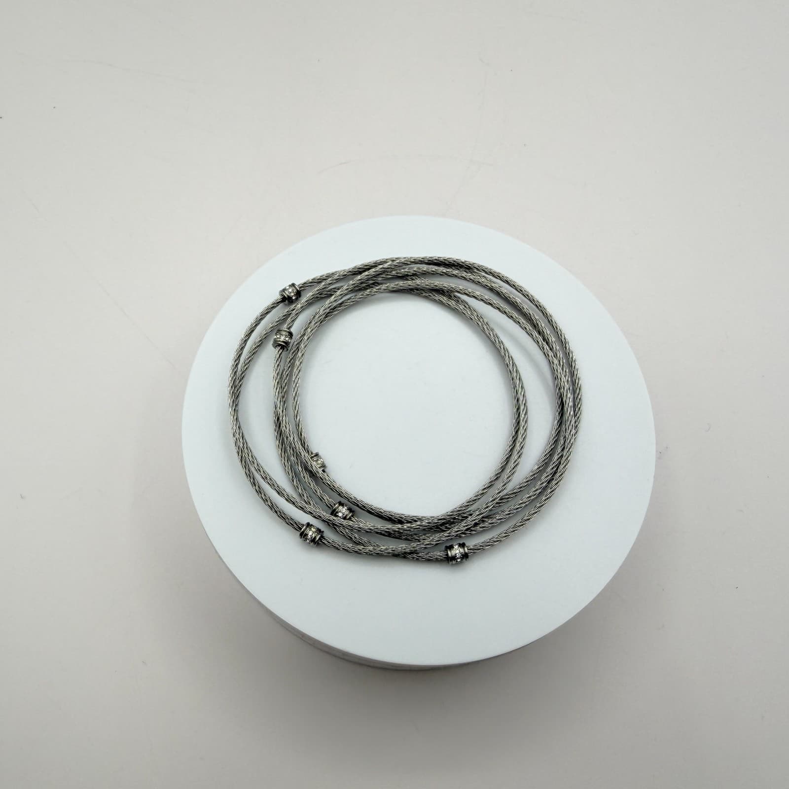 Vintage 90s Silver Tone Cable Wire Bangle Bracelet Rhinestone Women's Jewelry - Thumbnail 7